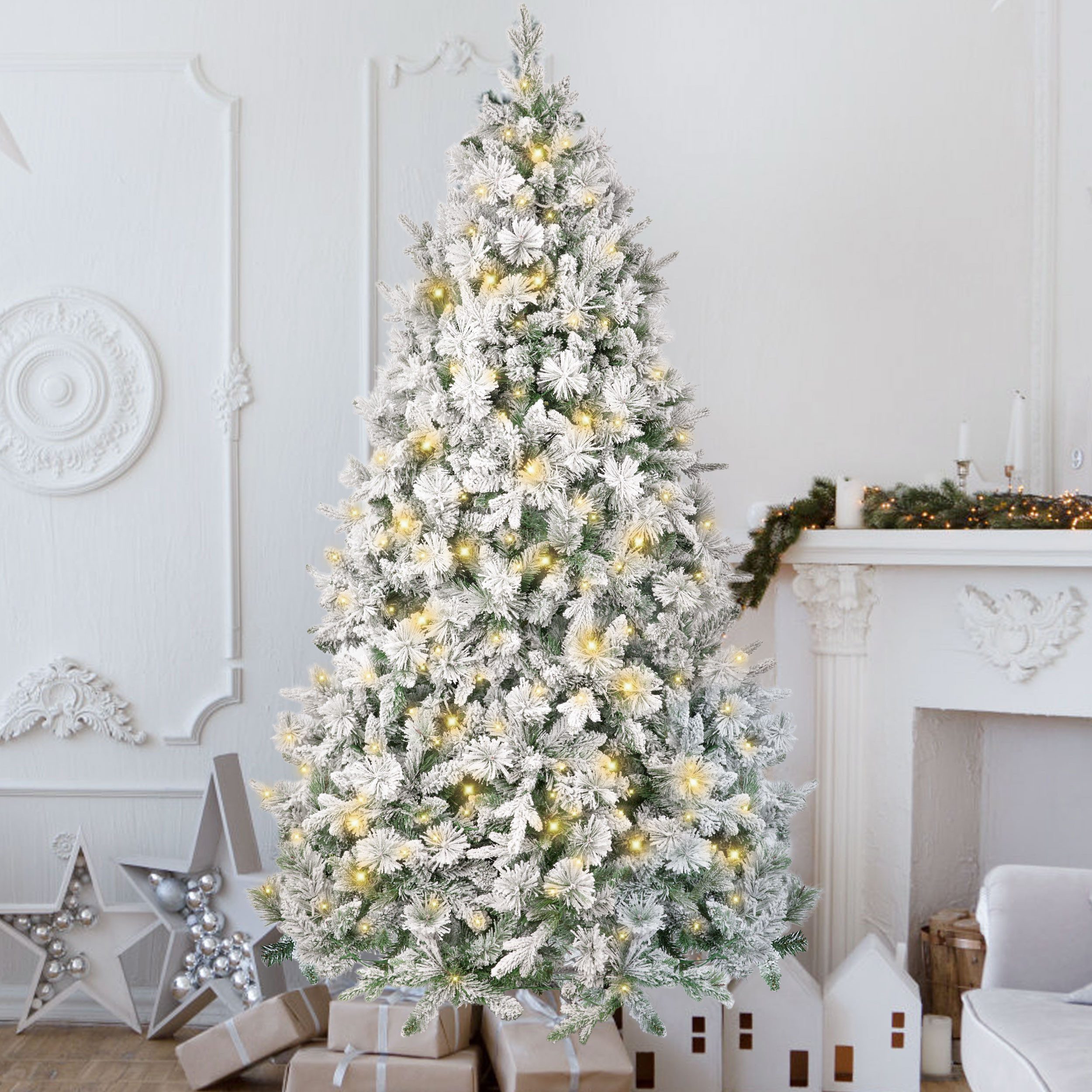 Vankel Künstlicher Weihnachtsbaum Tannenbaum mit beleuchtung, LED Christbaum, mit Schnee, mit licht, mit 1100 Spitzen und 360 Warm-Weißen LED, 180 cm mit Metallstand