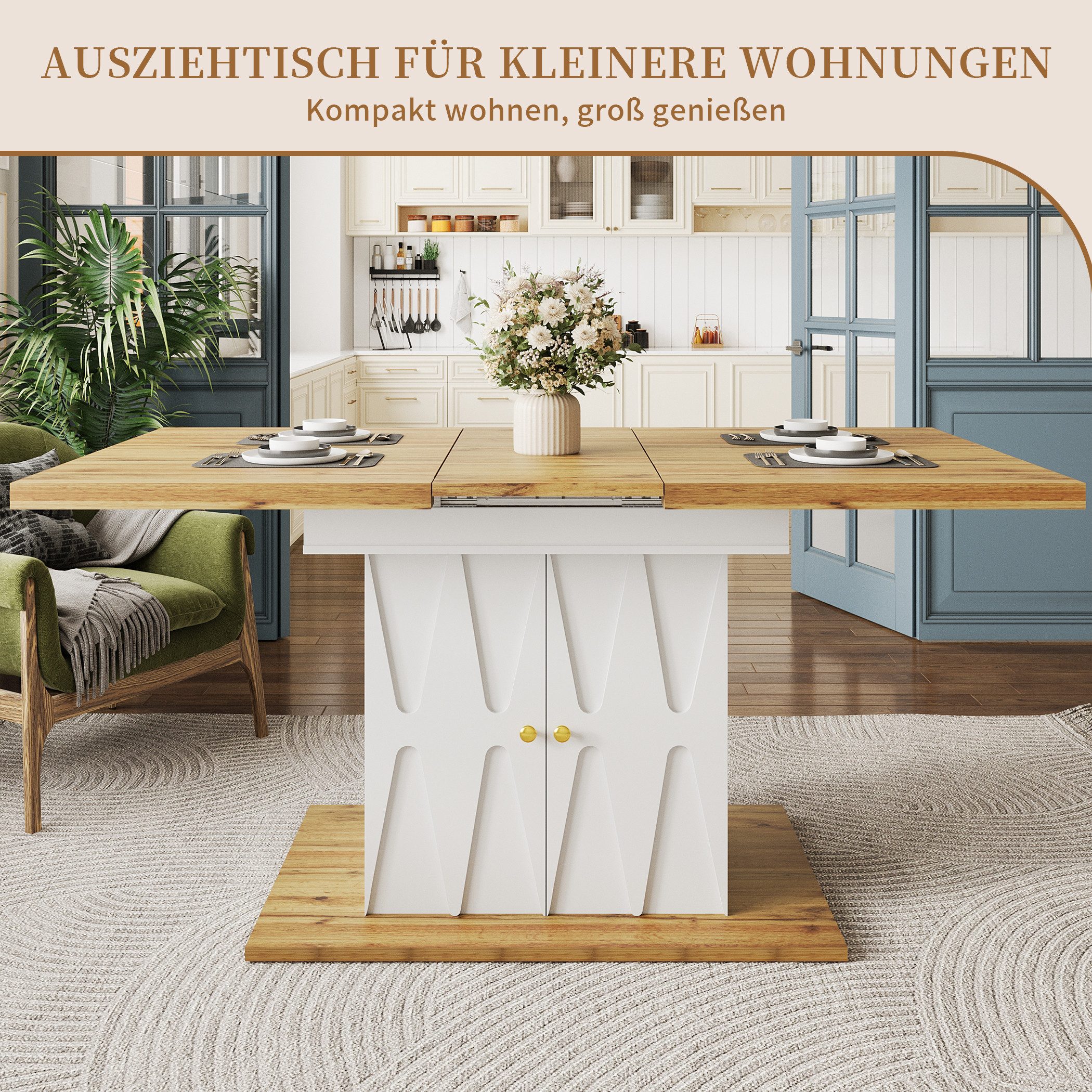 SeedWave Esstisch Ausziehbare Küchentisch mit 110-140cm Tischplatte, 2 Schranktüren, Säulentisch inkl. 2 geschlossene Staufächer