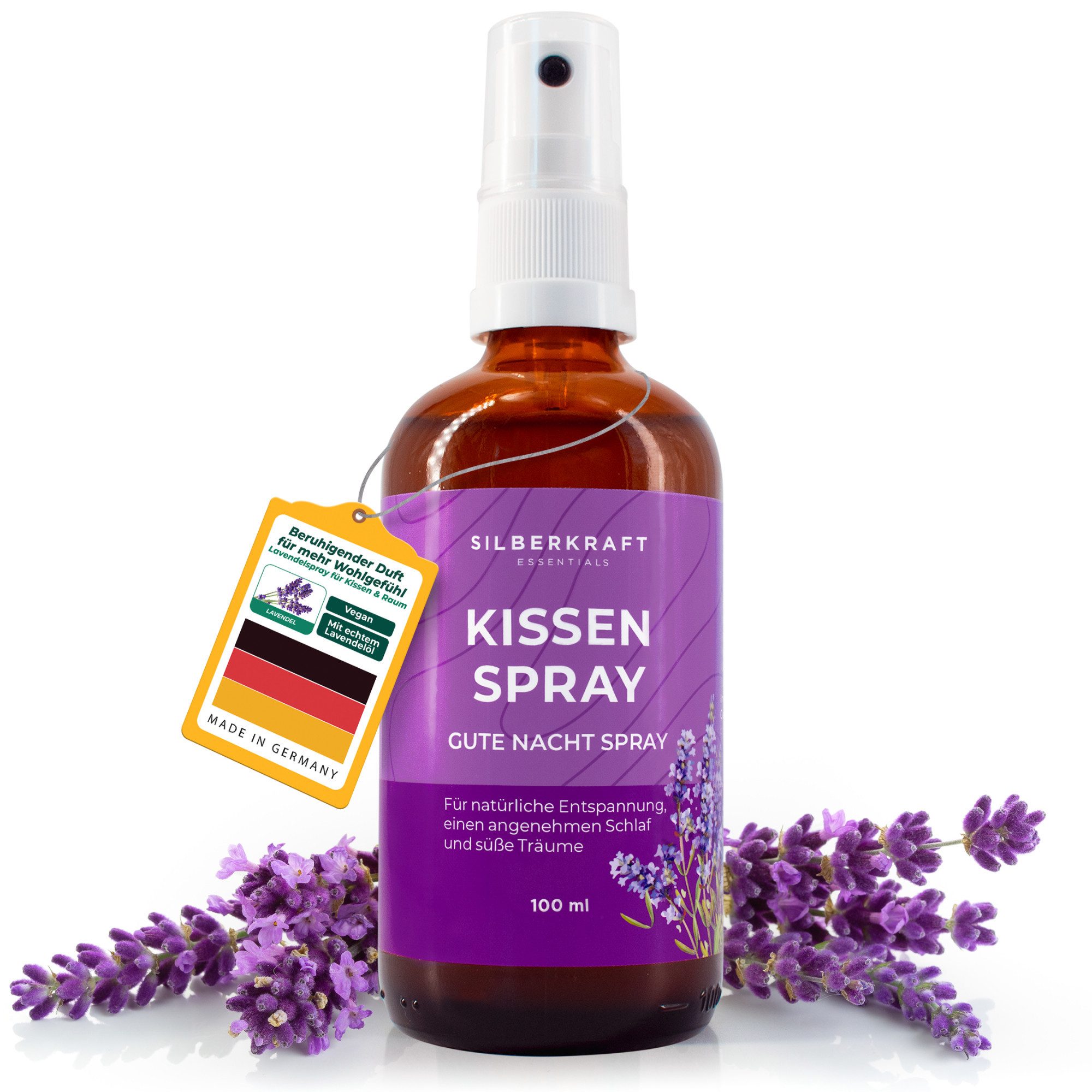 Silberkraft Duftöl Lavendelspray für Kopfkissen & Raum, Kissenspray mit echtem Lavendelöl (1-St., 100 ml hochwertiges ätherisches Lavendelöl (Lavandula angustifolia), Beruhigendes Duftspray, Schlafzimmer & Alltag, Vegan, Made in Germany