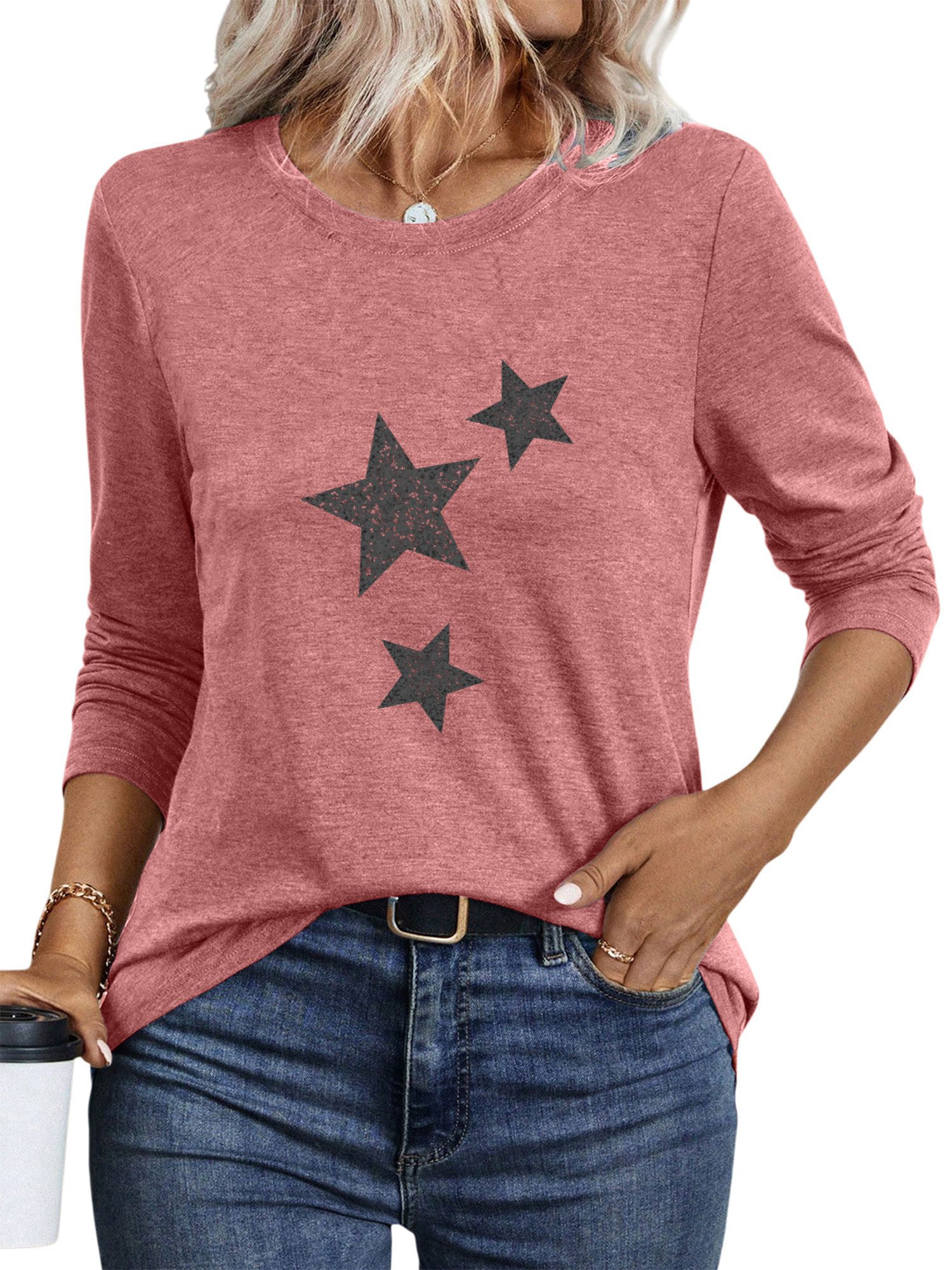 PYLIKE Langarmshirt Damen bequemes Langarmshirts Locker Pentagramm Print-Sh günstig online kaufen