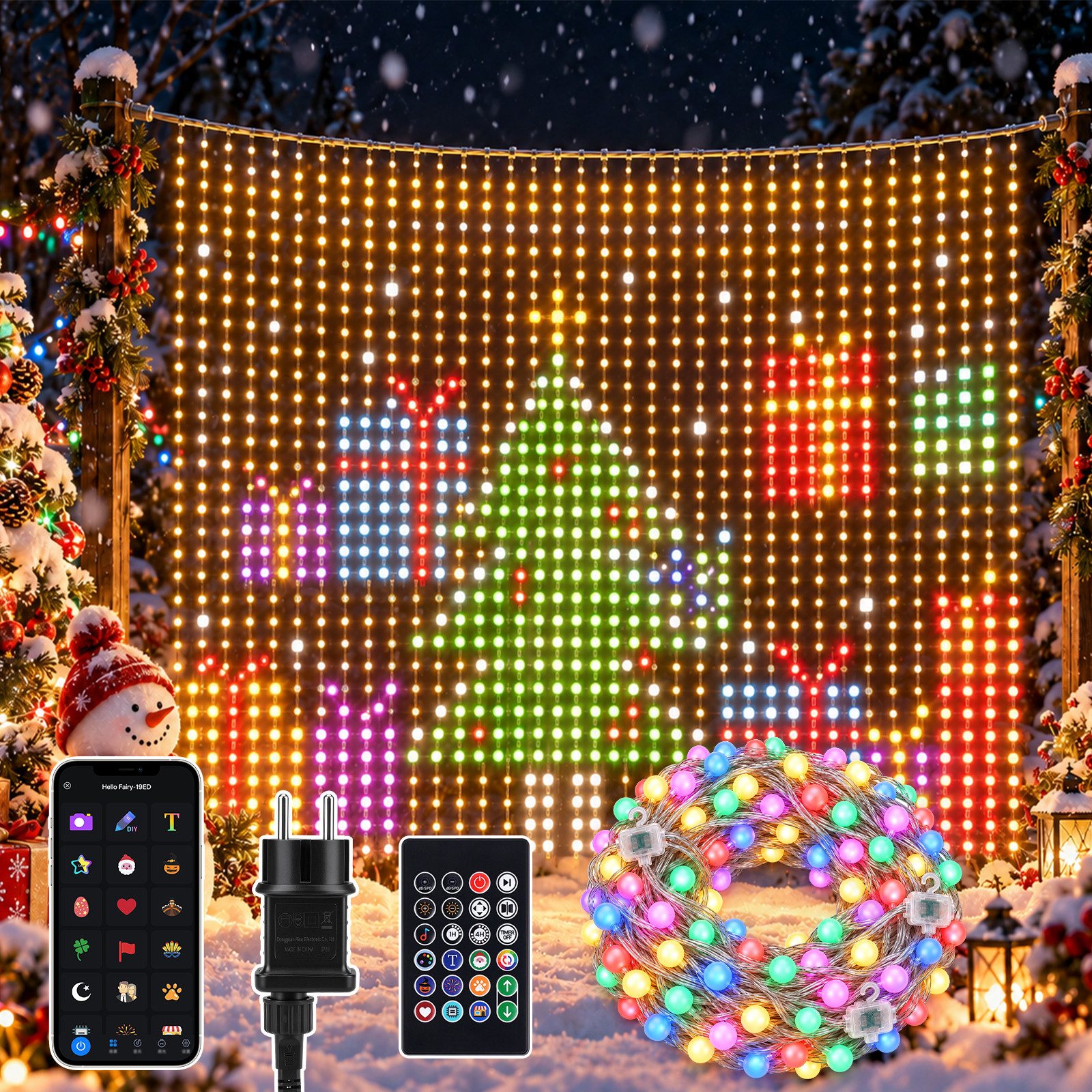 XERSEK Lichterkette 3×3m Weihnachtslichterkette LED String Lichtervorhang Beleuchtung IP44, 400 LEDs 100+ Modi RGB App/FB Smart DIY Weihnachtsbaumbeleuchtung IP44