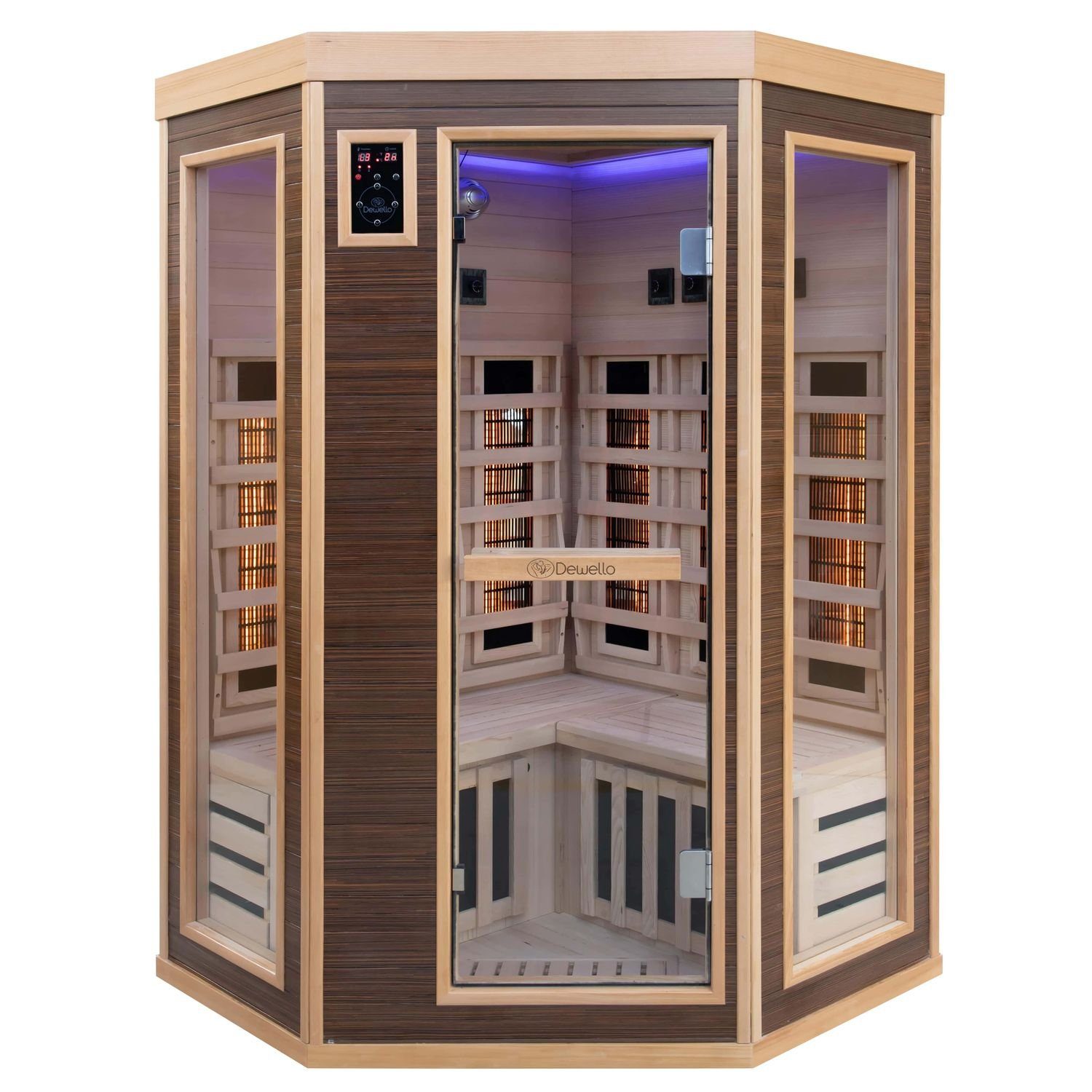 Dewello Infrarotkabine MONTREAL 120 Wärmekabine,für bis zu 1 Personen, 6 Vollspektrumstrahler, BxTxH: 120 x 120 x 190 cm, (Sternenhimmel mit Farblichttherapie, Ozondesinfektion & Aromatherapie, Multimedia und zusätzlich USB-Anschluss & Bluetooth möglich) Sauna aus Hemlock/Walnuss - Holz, leichter Aufbau dank Stecksystem