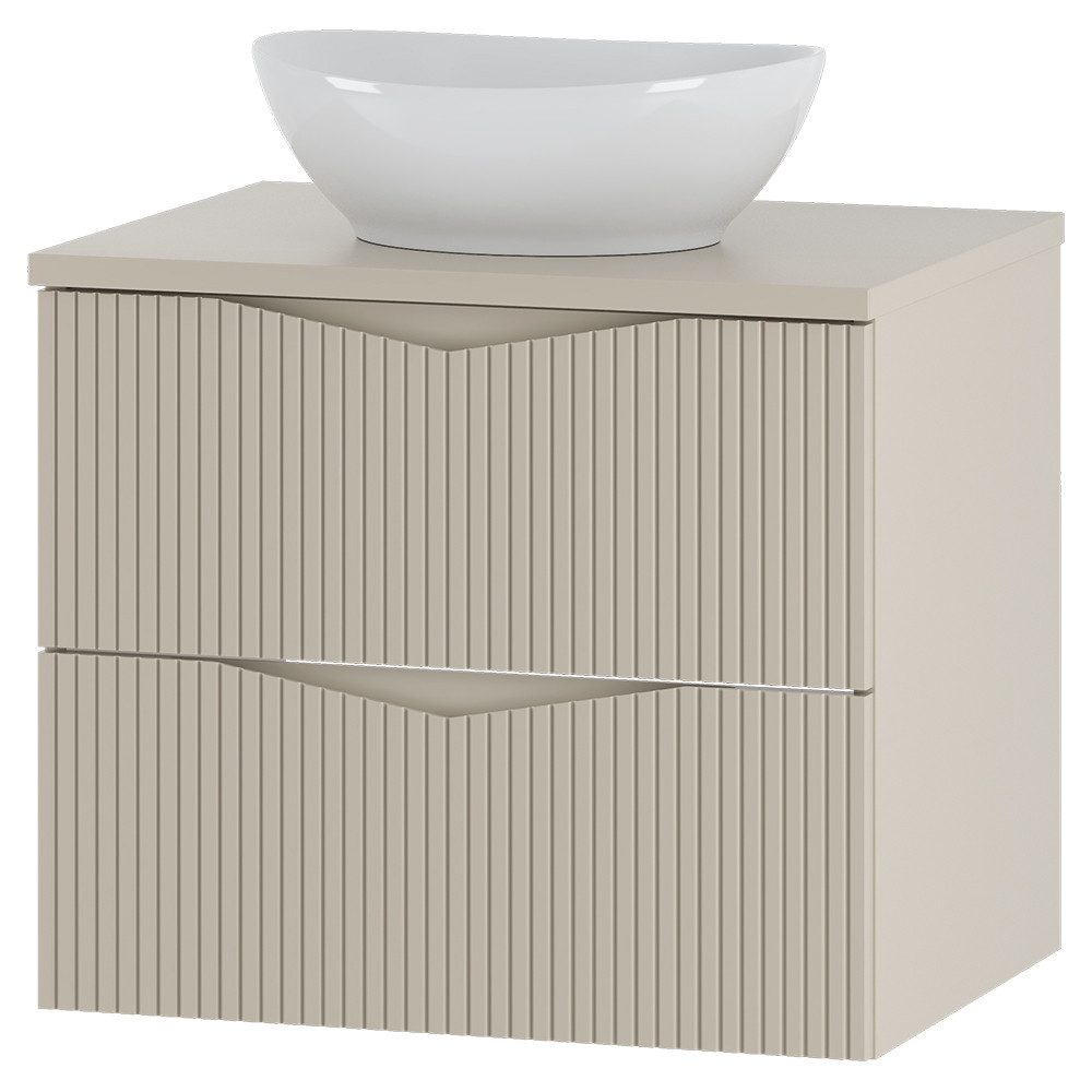 Lomadox Waschtisch CALURI-140, 60 cm breit in beige mit Aufsatzwaschbeck, gerillte Front, wandhängend