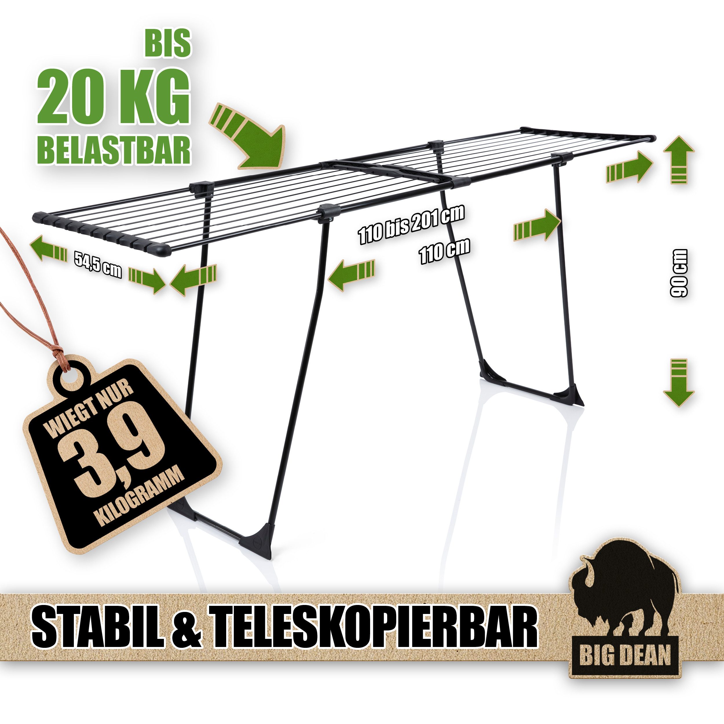 BigDean Wäscheständer Wäscheständer ausziehbar 20m - Wäscheständer XXL - Schwarz, Stahlkonstruktion, Kleinteile Klemme, Ausziehflügel