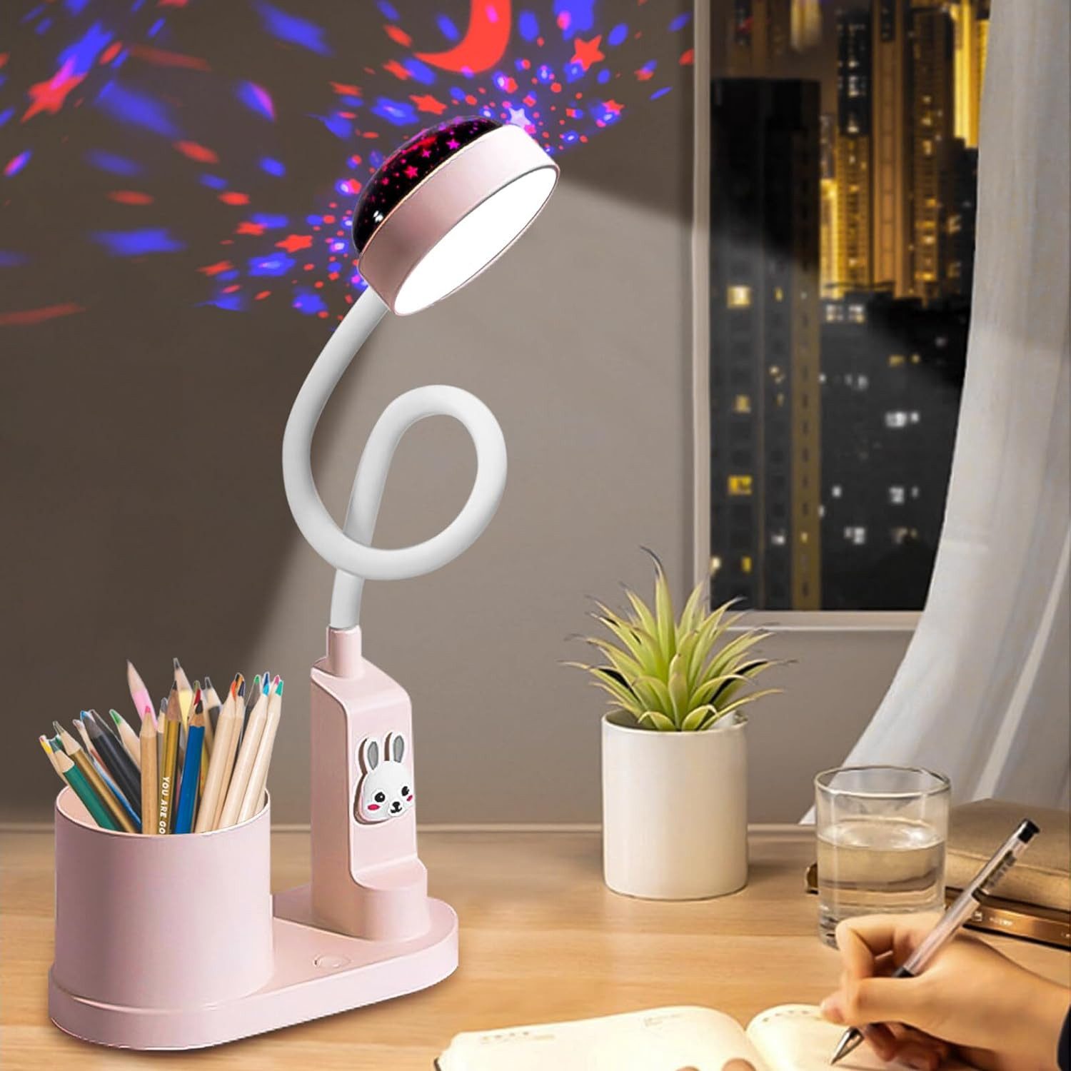 GOOLOO Schreibtischlampe LED Schreibtischlampe Stifthalterleuchte, dimmbare Projektion, Kreative Projektionslampe, Einstellbare Helligkeit, Stifthalter
