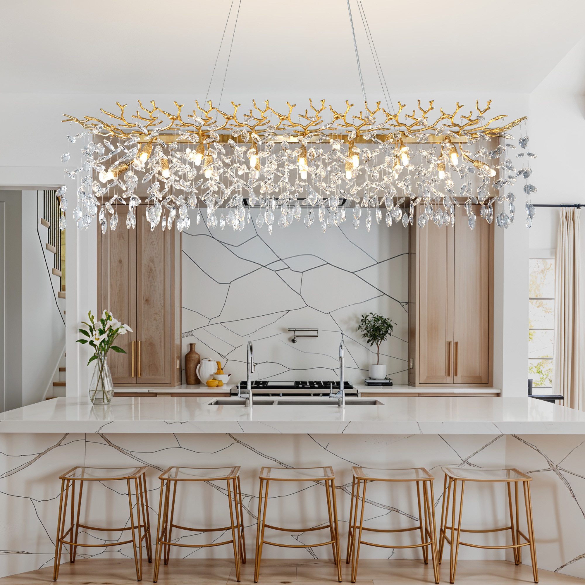 Surtime Kronleuchter rechteckig, 120 cm, Goldfarben, 14x G9, Kristall, 16 G9-Fassungen für gleichmäßiges Licht, LED wechselbar, 3000 K Warmweiß, K9-Kristalldesign
