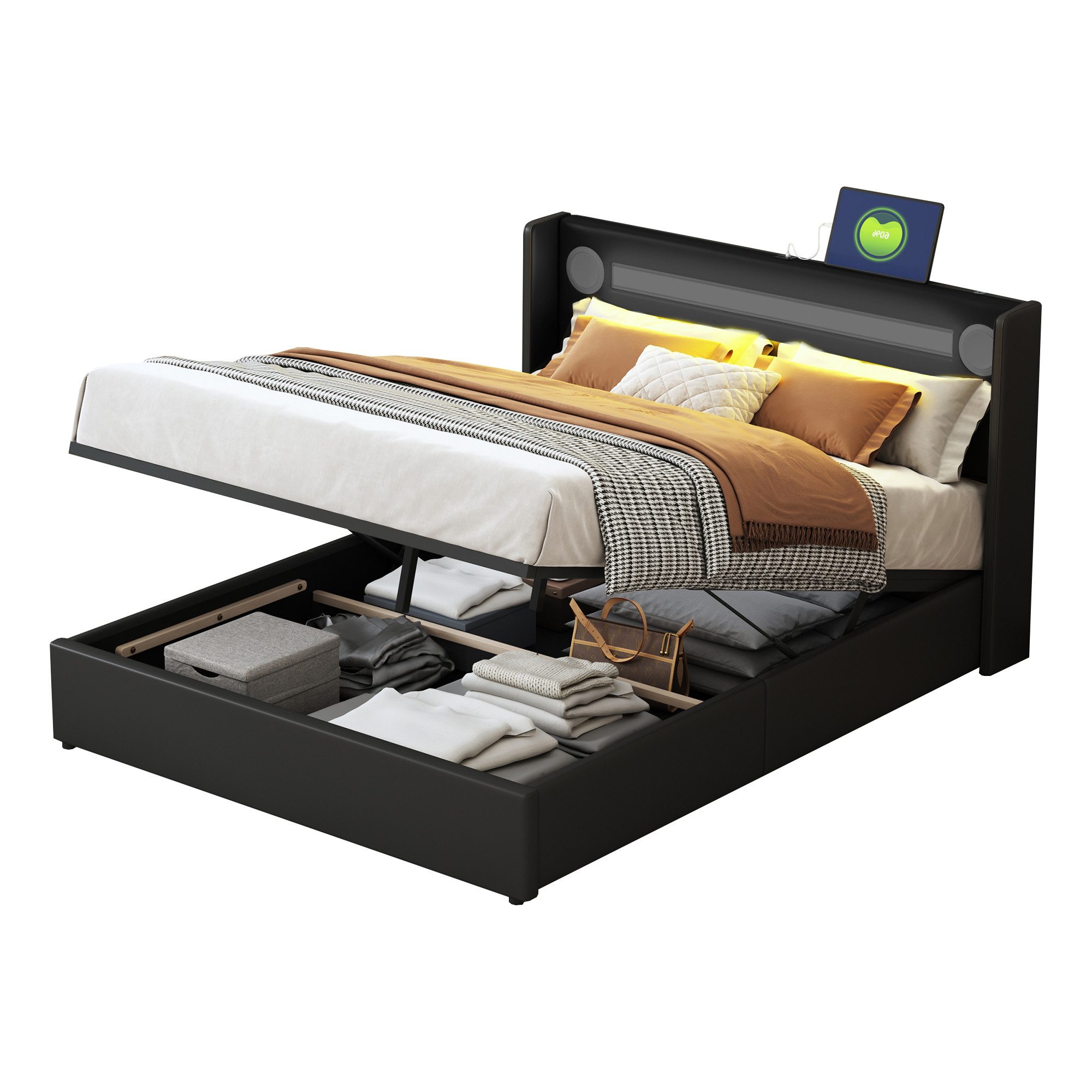 Flieks Polsterbett, LED Beleuchtung/Bluetooth/USB-Aufladen Doppelbett 140x2 günstig online kaufen