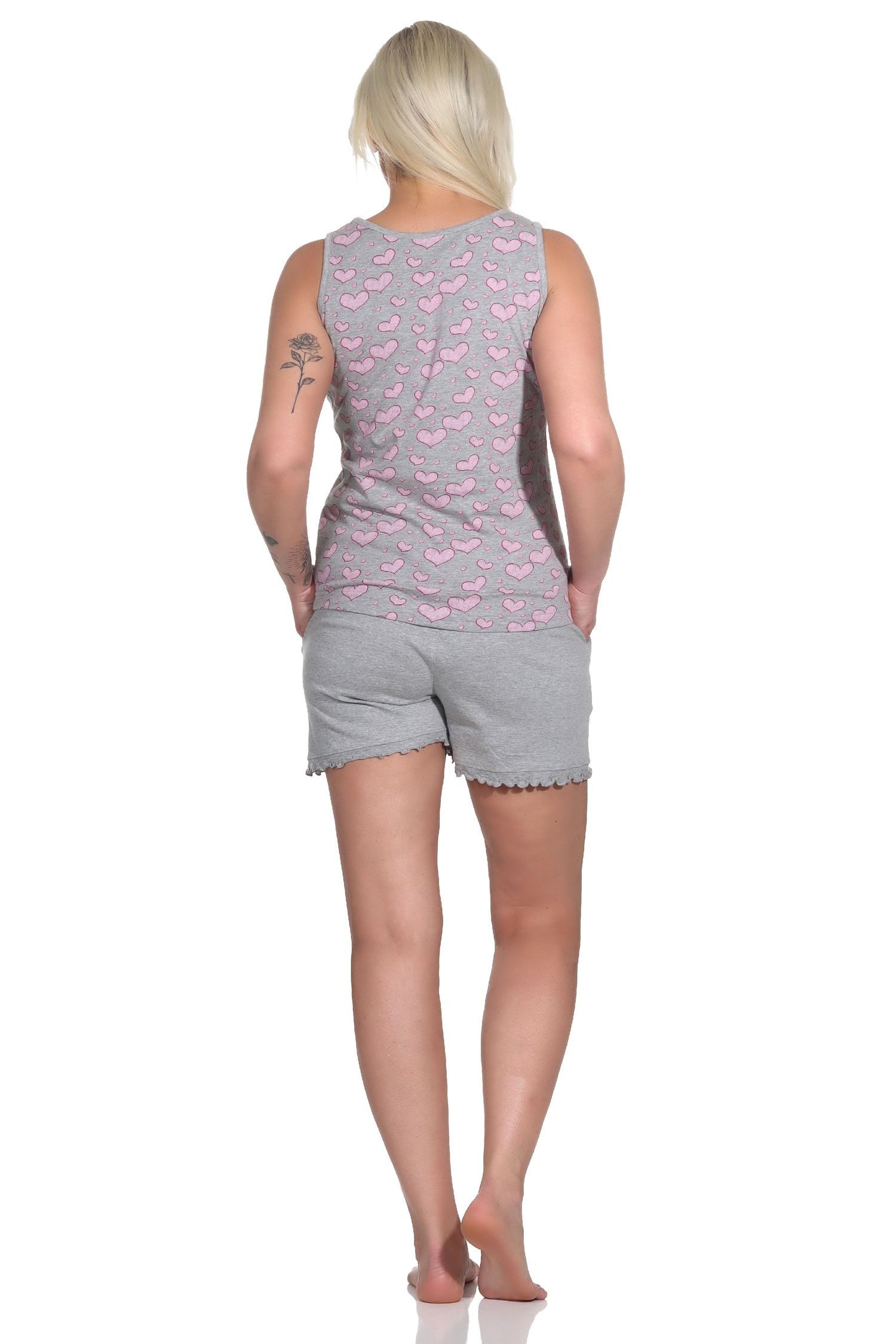 Pyjama Ärmelloser Damen Achselshirt Shorty Schlafanzug in Herz Motiv Optik