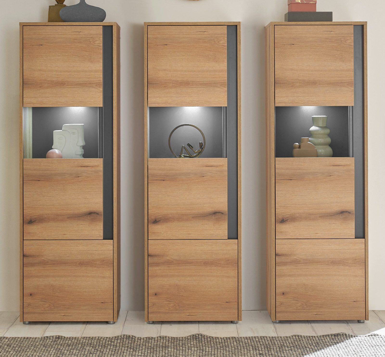 Furn.Design Schrank-Set Center, (in Evoke Eiche mit grau, 3x Vitrinenschrank), mit viel Stauraum
