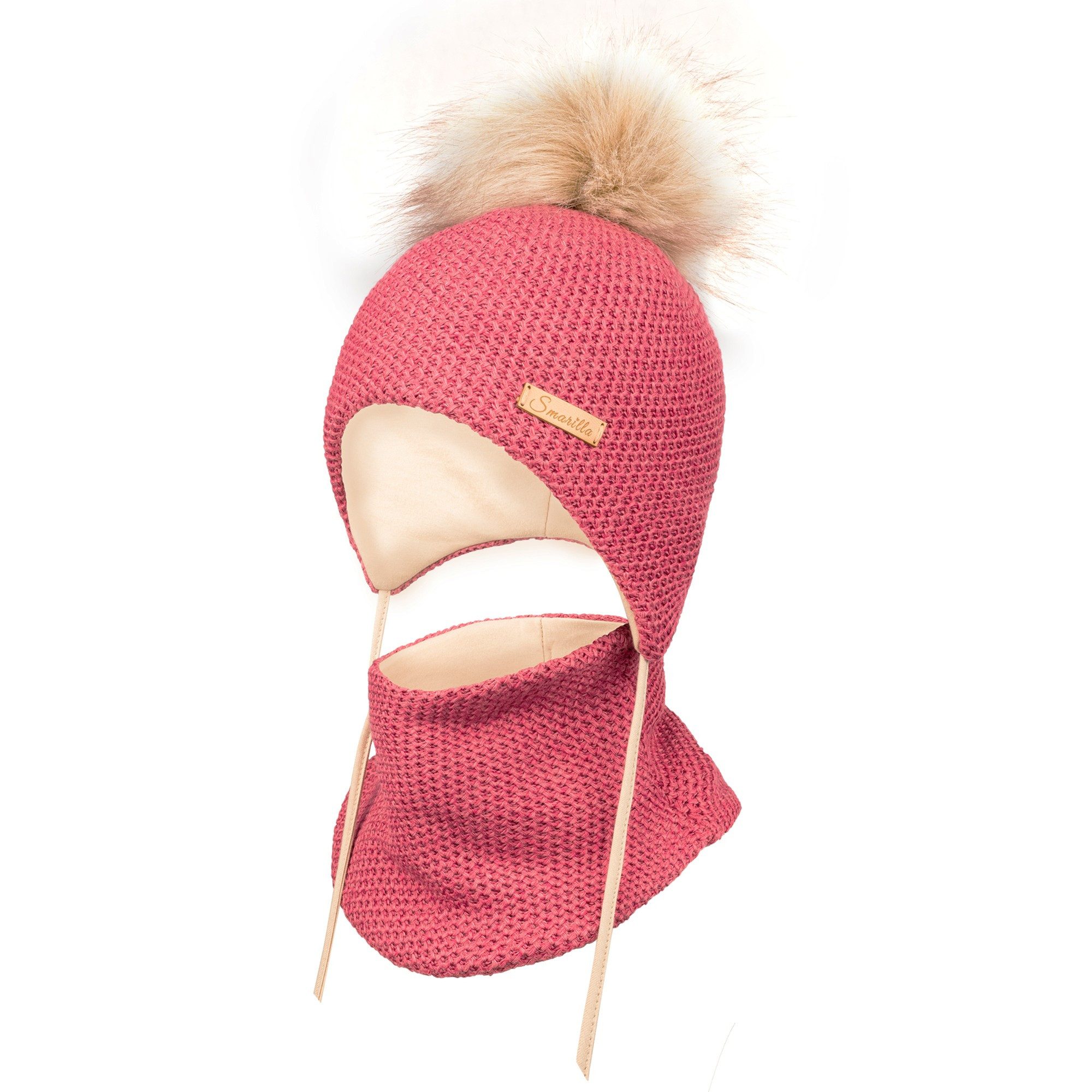 Smarilla Mütze & Schal Baumwollgefütterte Mädchen Wintermütze mit Bommel und Schlauchschal