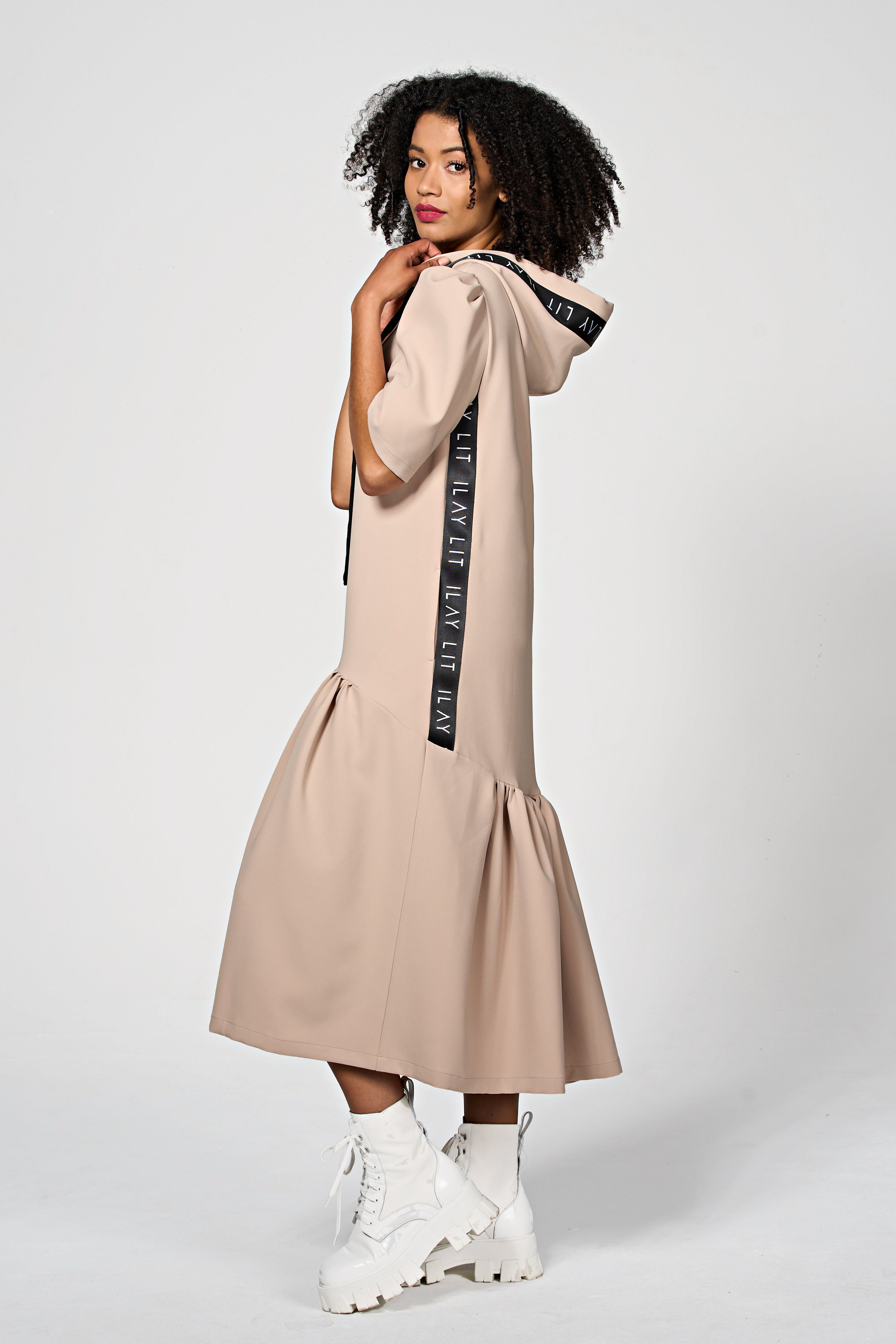Kapuze, ausgestellter Kordelzug, Taupe Lit Sommerkleid Hoodiekleid mit weit ILAY 24/7 Vollant