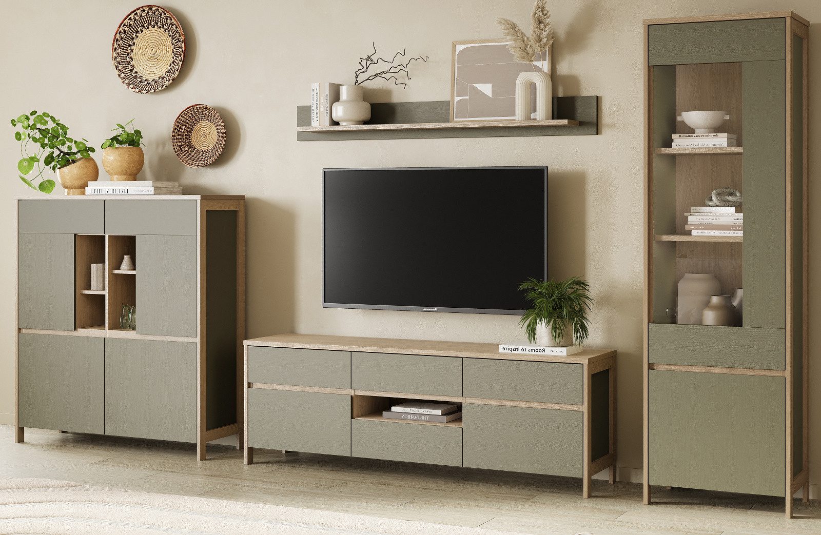 Furn.Design Wohnwand Finnes, (Schrankwand in Salbei mit Eiche Natur, 4-teilig, 360 x 195 cm), mit viel Stauraum und Soft-Close-Funktion
