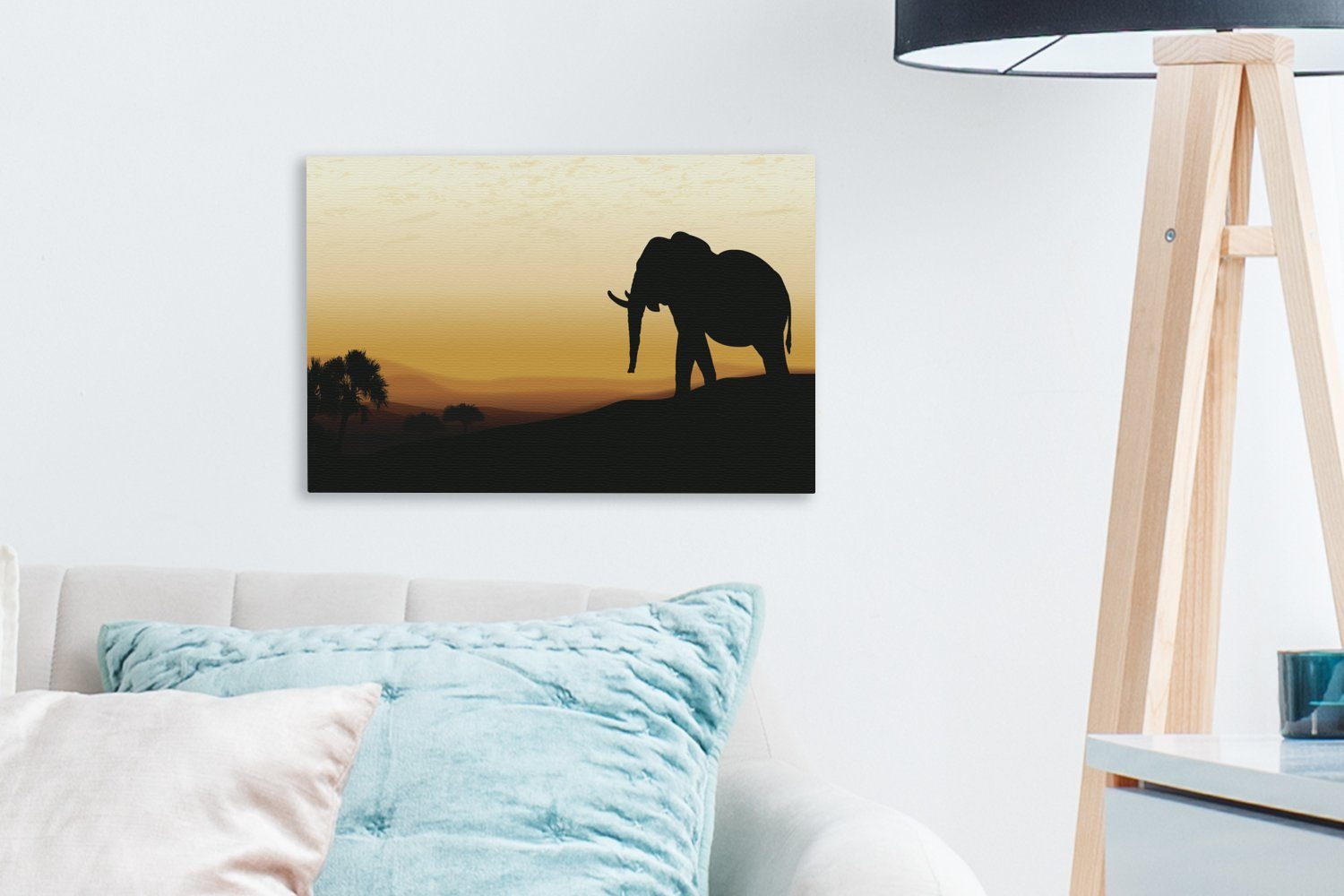 afrikanischen Leinwandbild Sonnenuntergang, Leinwandbilder, Wanddeko, (1 Elefanten eines Illustration Eine bei Wandbild Aufhängefertig, 30x20 St), OneMillionCanvasses® cm