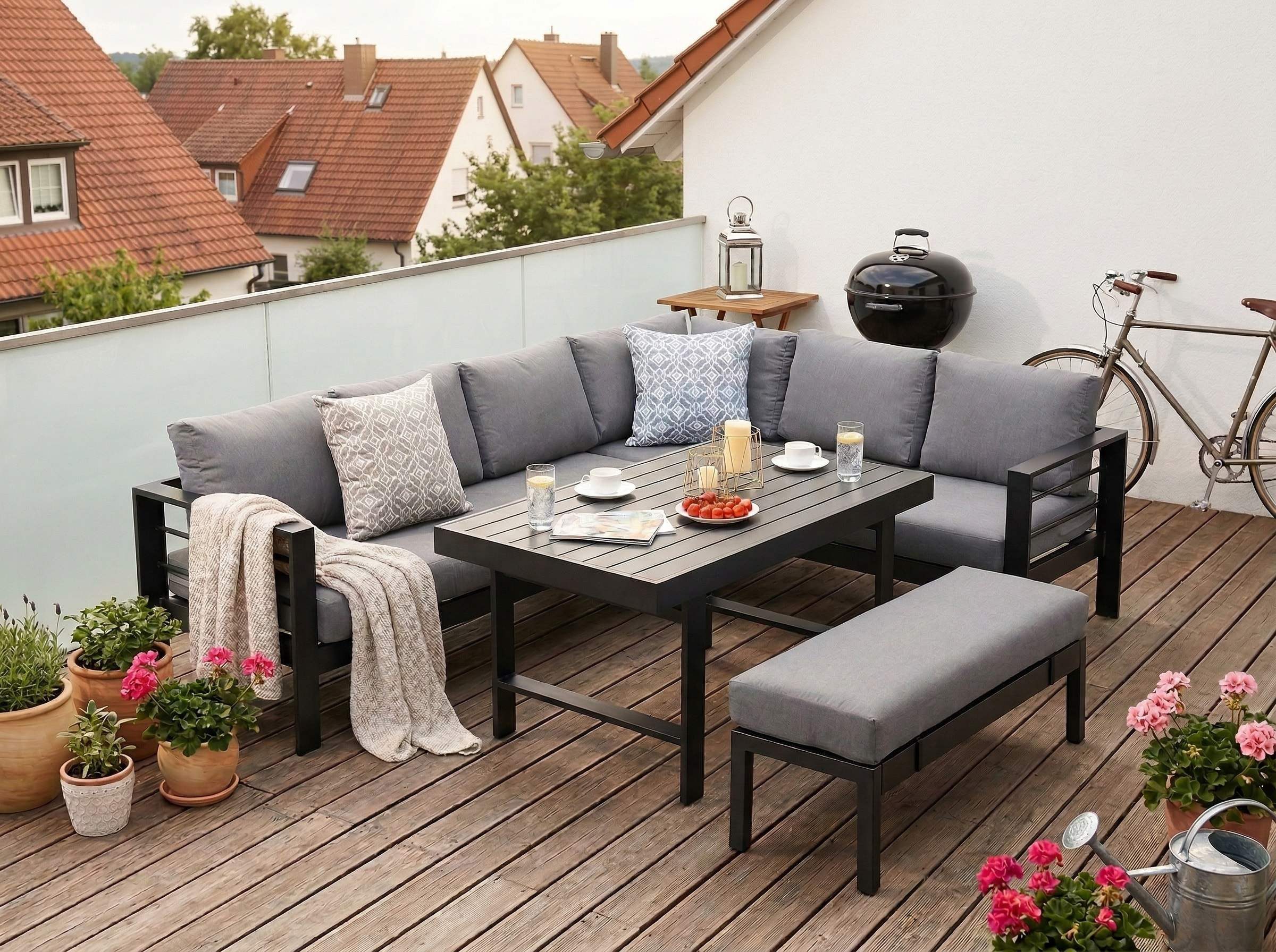 MeXo Gartenlounge-Set Outdoor Gartenmöbel Lounge-Set für 6-8 Personen, (Aluminium Ecklounge, 5-tlg., wetterfest & pflegeleicht), großer Esstisch 130×80 cm, bis 140 kg belastbar je Sitz