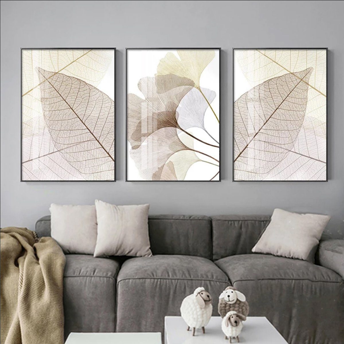 TPFLiving Kunstdruck (OHNE Leinwand - Wandbild, Wanddeko 10x15cm - Set), verschiedene Ginkgo-Blatt (15 - zur Poster Größe: Wohnzimmer 3-er - Auswahl Auch Größen und im günstigen Beige Weiß - - Farben: RAHMEN)