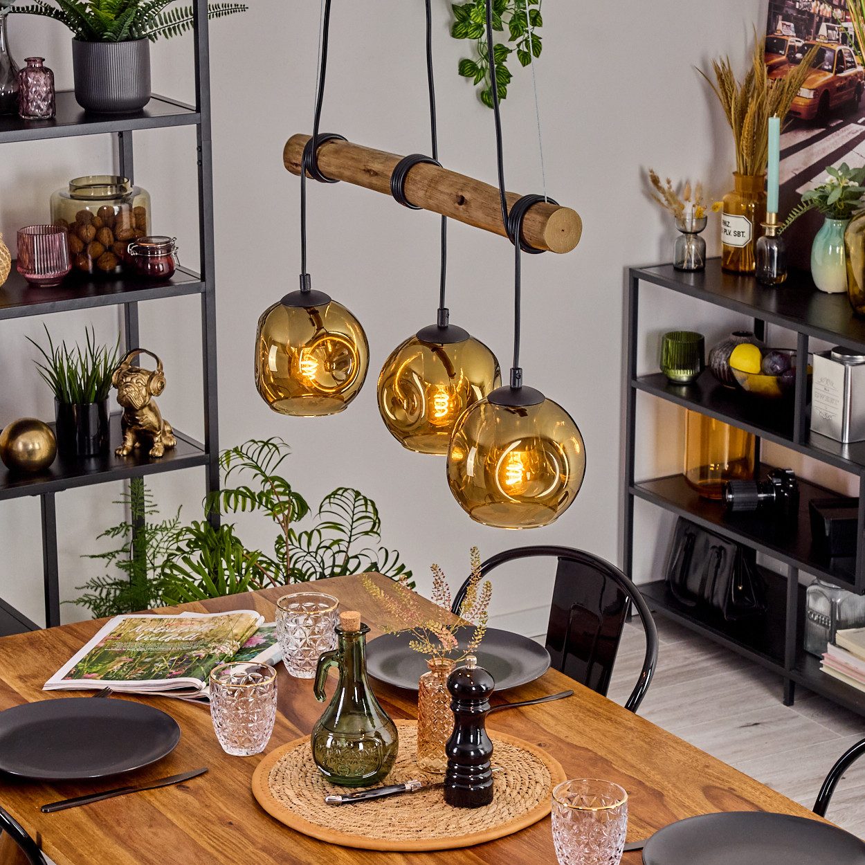 hofstein Pendelleuchte Hängelampe aus Metall/Holz/Glas in Schwarz/Natur/Goldfarben, ohne Leuchtmittel, Hängeleuchte im Retro/Boho Design mit Glasschirmen und Holzbalken, E27