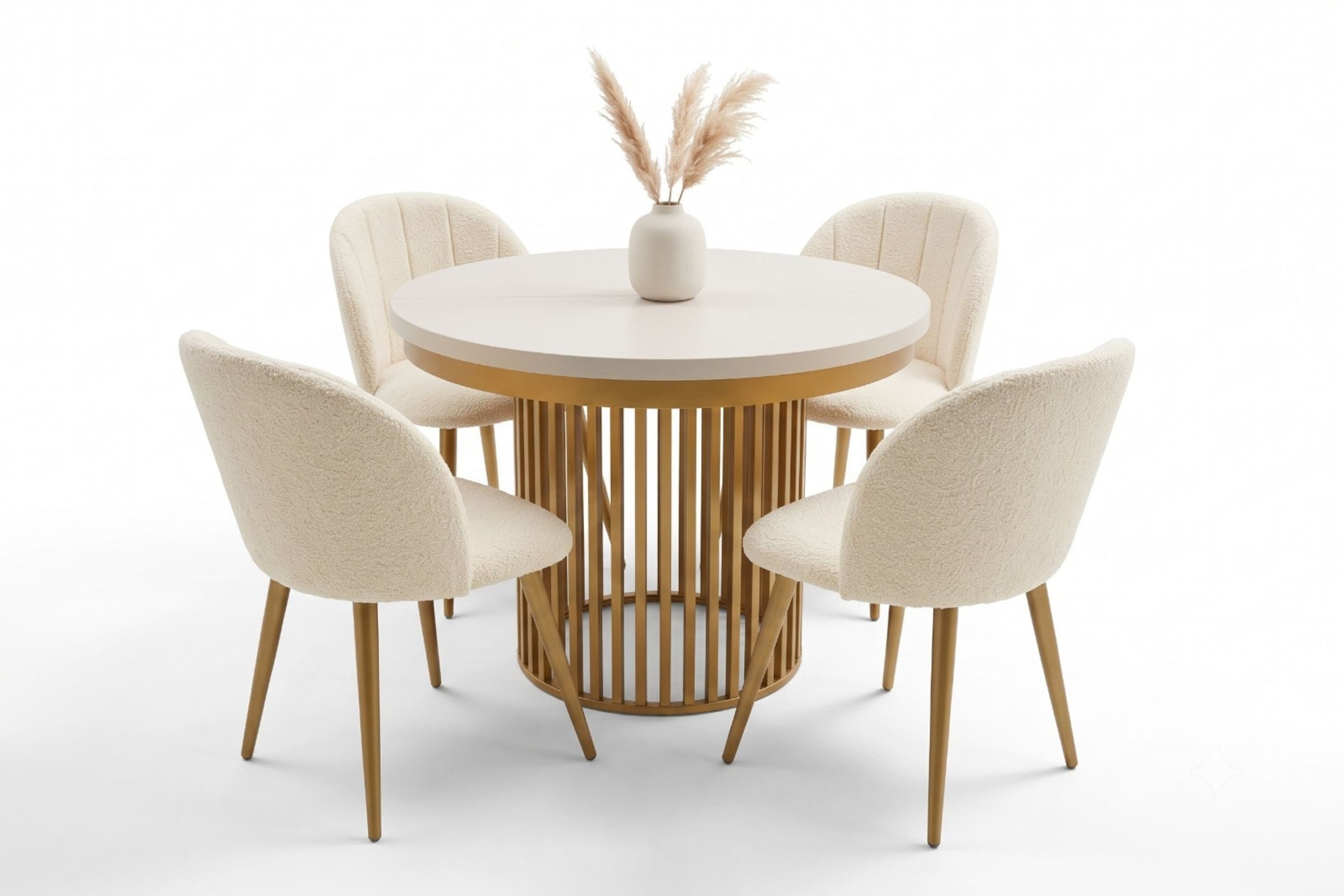 Deine Möbel 24 Esstisch CLEO Esszimmer-Set mit rundem Esstisch Ø 100 cm (Essgruppe Esszimmer-Set, 5-/7-teilig, 5-St., Kaschmir & Gold, Stühle in Weiß, Beige, Grau & Schwarz), ausziehbar bis 200 cm, 4 oder 6 Bouclé-Polsterstühlen 101