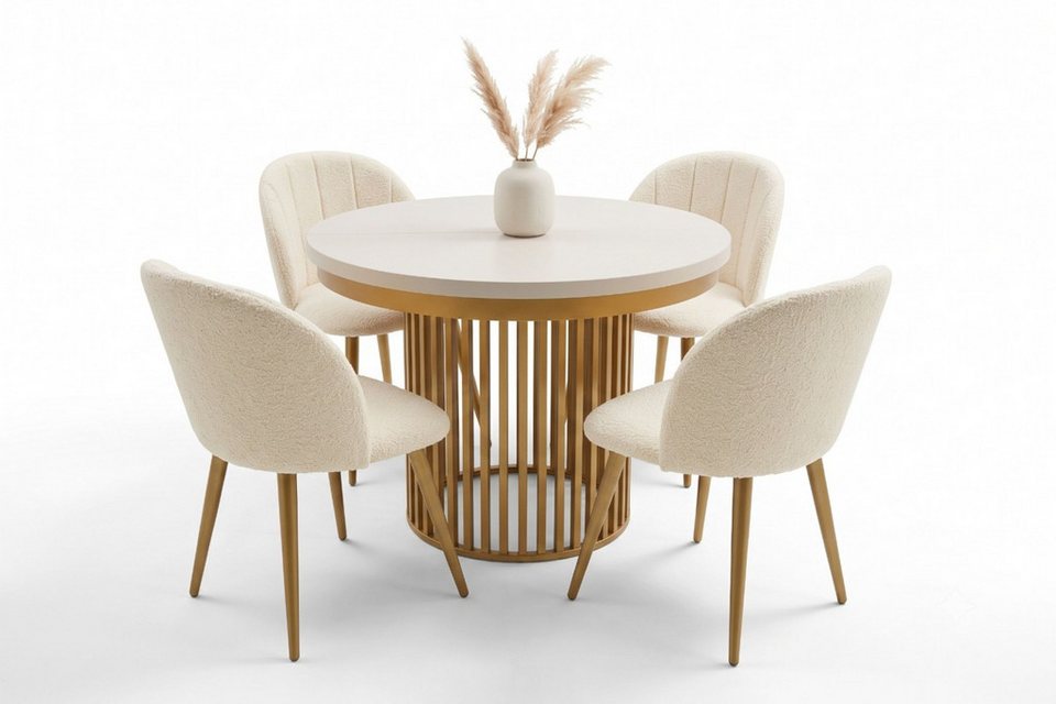 Deine Möbel 24 Esstisch CLEO Esszimmer-Set mit rundem Esstisch Ø 100 cm (Essgruppe Esszimmer-Set, 5-/7-teilig, 5-St., Kaschmir & Gold, Stühle in Weiß, Beige, Grau & Schwarz), ausziehbar bis 200 cm, 4 oder