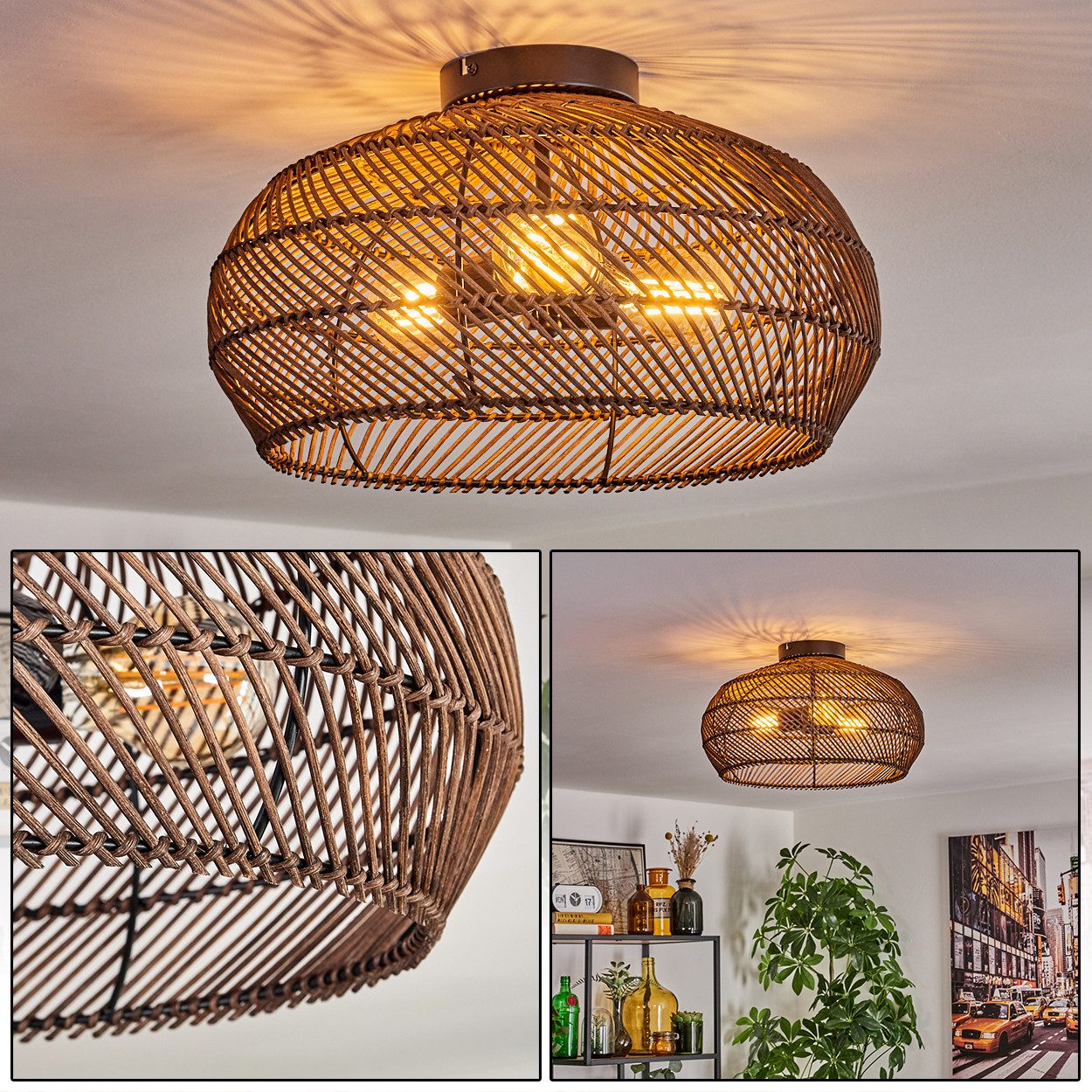 hofstein Deckenleuchte moderne Deckenlampe aus Metall/Rattan in Schwarz/Dun günstig online kaufen