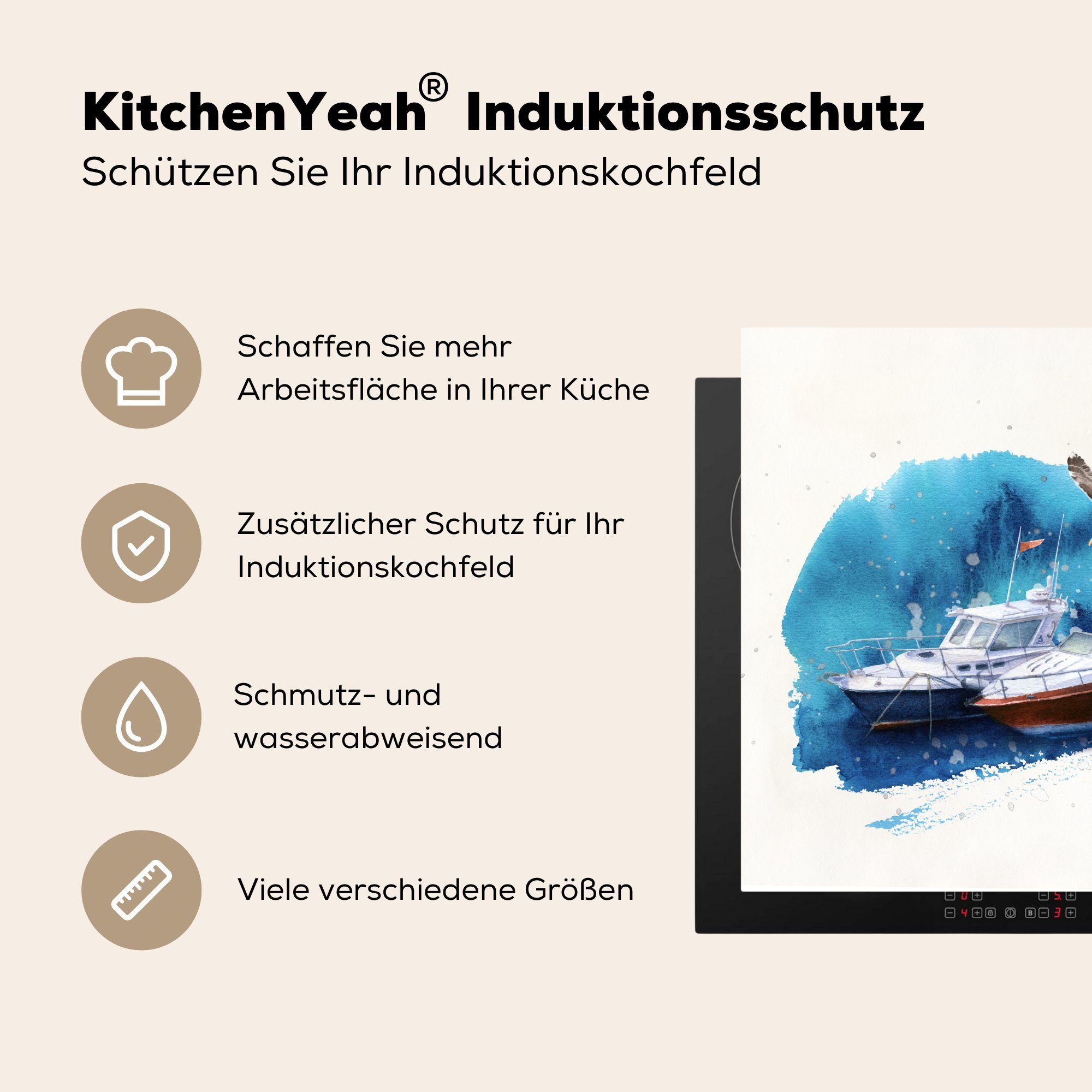 Vinyl, Herdblende-/Abdeckplatte Boot Ceranfeldabdeckung, tlg), cm, Aquarell, küche Vogel für Arbeitsplatte - (1 - MuchoWow 78x78