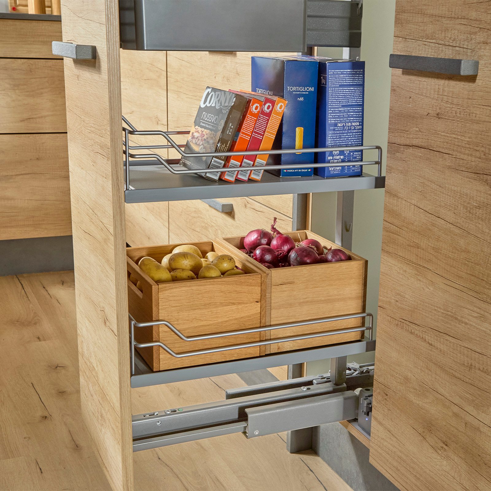 SO-TECH® Auszug Dispensa-X Apothekerauszug SILBERGRAU, Tragkraft bis 100 kg (1 St), Set 120-160cm, 4 Einhängetablare, für Schrankbreite 300mm