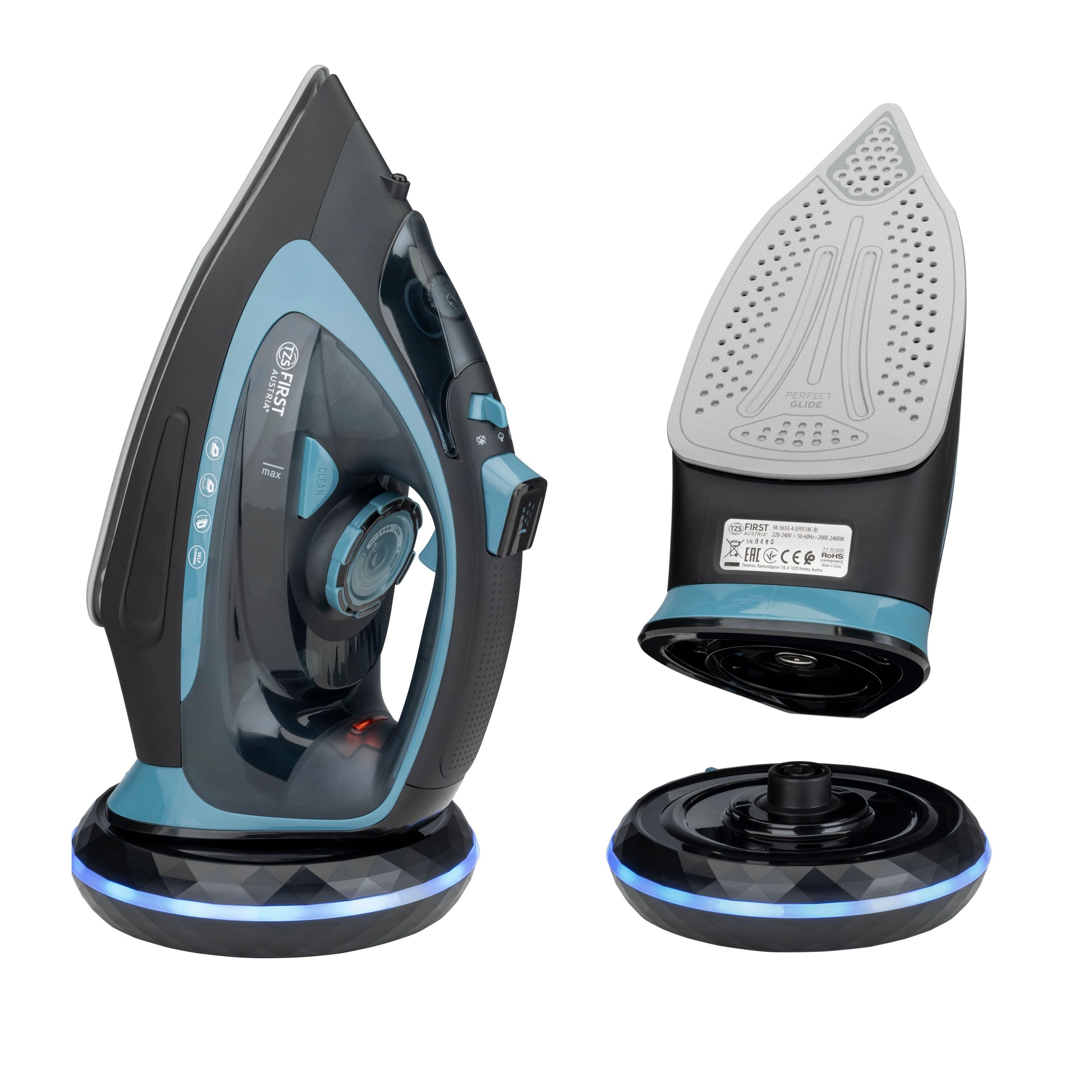 TZS FIRST AUSTRIA Dampfbügeleisen kabellos 2400W, Keramiksohle, 52 Düsen, 20g/min, 0,7g Dampfstoß, 2400 W, Kabelloses Dampfbügeleisen, Antikalk, Vertikaldampf, 450ml Wassertank