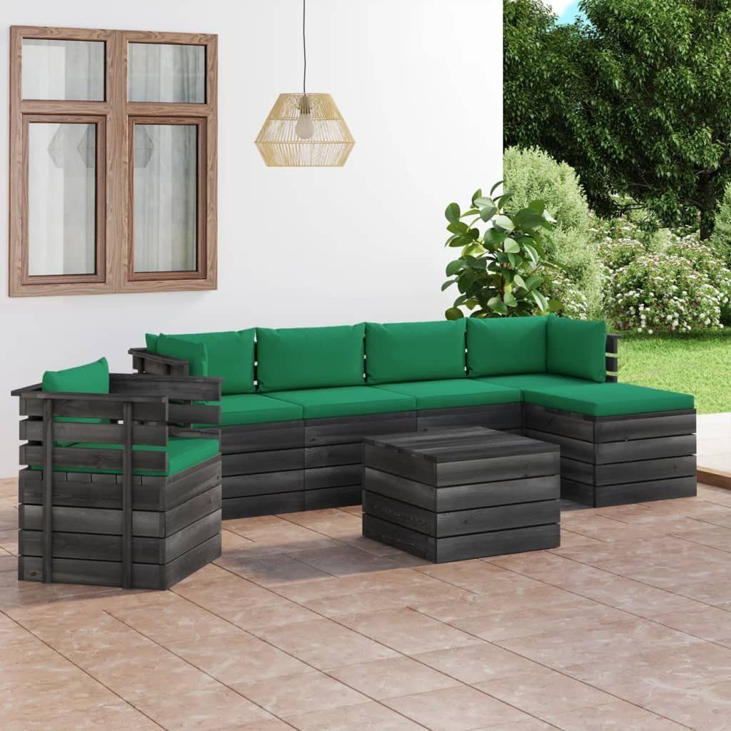 (7-tlg) vidaXL Garten-Sofagarnitur 7-tlg. Kiefernholz, Grün Kissen Paletten aus Gartenlounge-Set mit