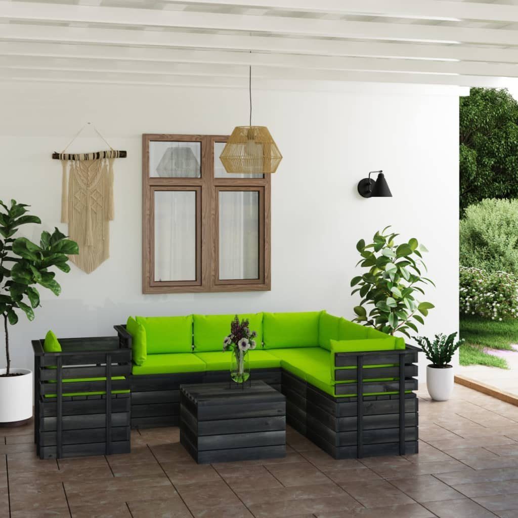 vidaXL Gartenlounge-Set 7-tlg. Garten-Sofagarnitur (7-tlg) Paletten Hellgrün aus mit Kissen Kiefernholz