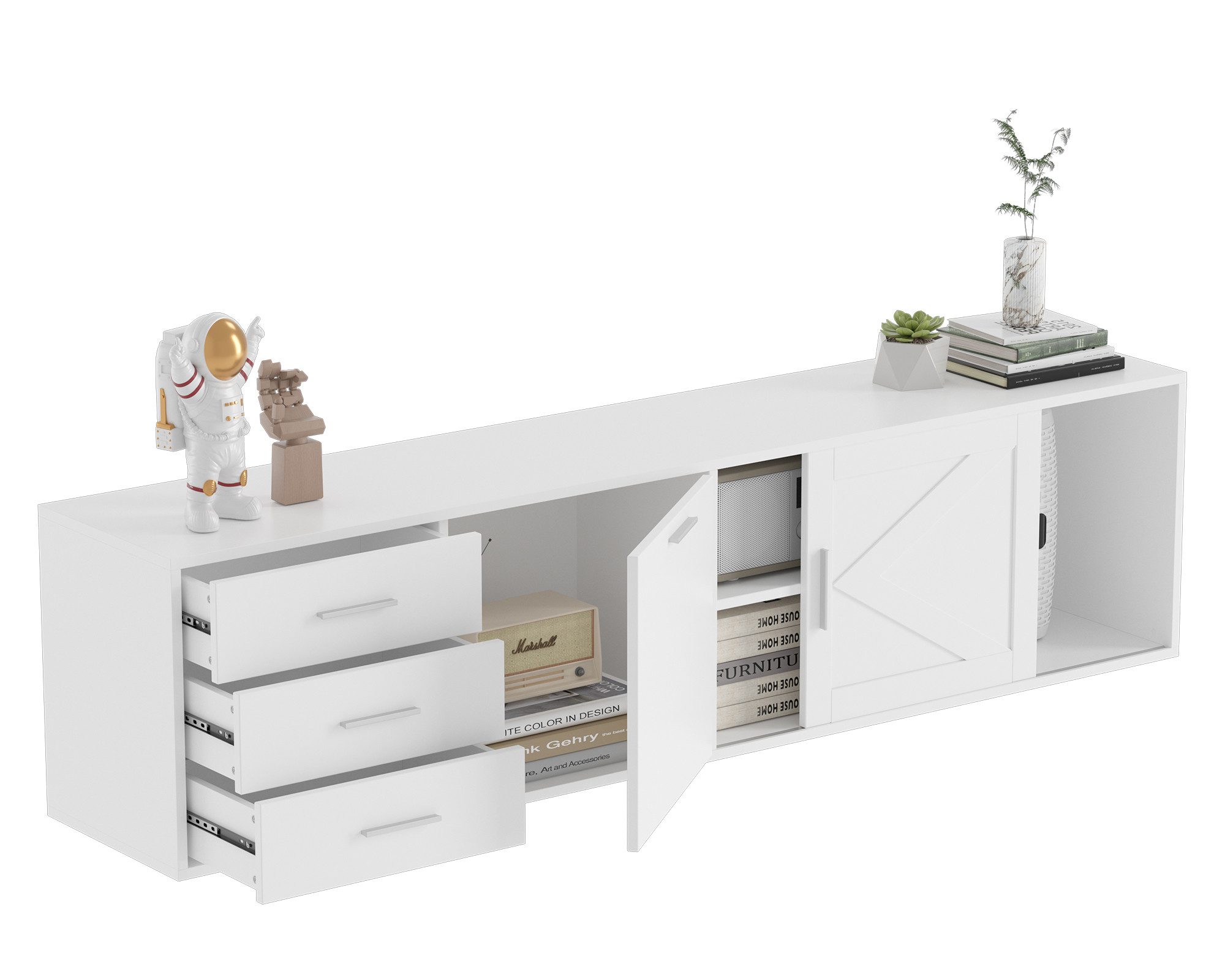 HOMAVO Lowboard TVG1 mit 3 Schubladen & Schiebetür, 160 - 180 cm (FSC®, viel Stauraum, pflegeleicht), Bodenstehendes TV-Lowboard mit Stauraum