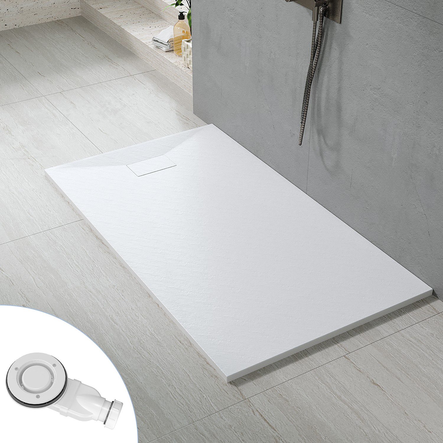 AQUABATOS Eckduschwanne SMC Eckduschwanne mit 160x80 160x90cm weiß mit Ablaufgarnitur, mit Ablaufgarnitur,weiß,Anti-Rutsch,Zuschneidbar,Steinoptik,superflach,bodenebene Montage,Rechteck