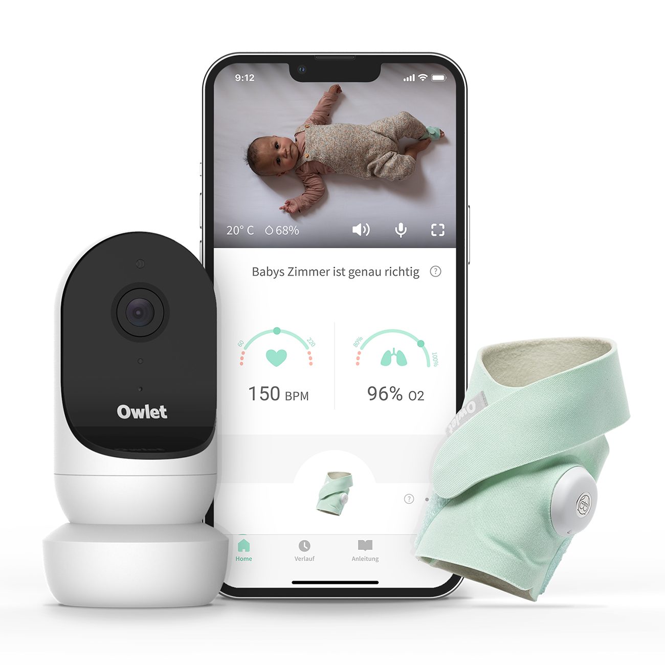Owlet Baby Care DE Babyphone, Babyphone Duo 2: Smart Sock 3 und HD Kamera 2 Mintgrün
