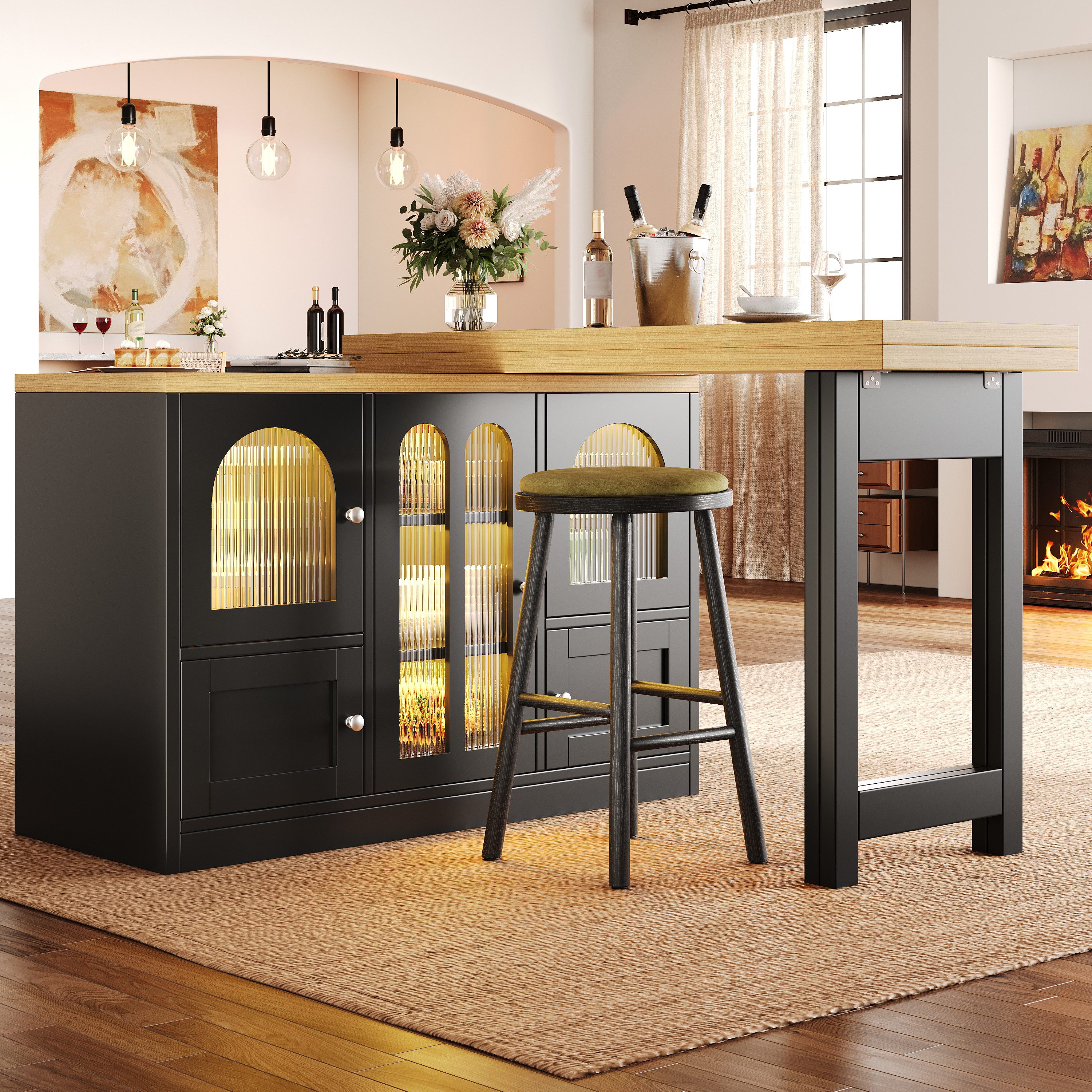 Flieks Kücheninsel Küchenschrank mit gewölbten Glastüren & 360° drehbar, klappbar Tisch, (Holzoptik Tischplatte Tiefe 40-80cm, Längenverstellbar 120-197cm), Esstisch & Mehrzweckschrank mit LED-Beleuchtung Schwarz