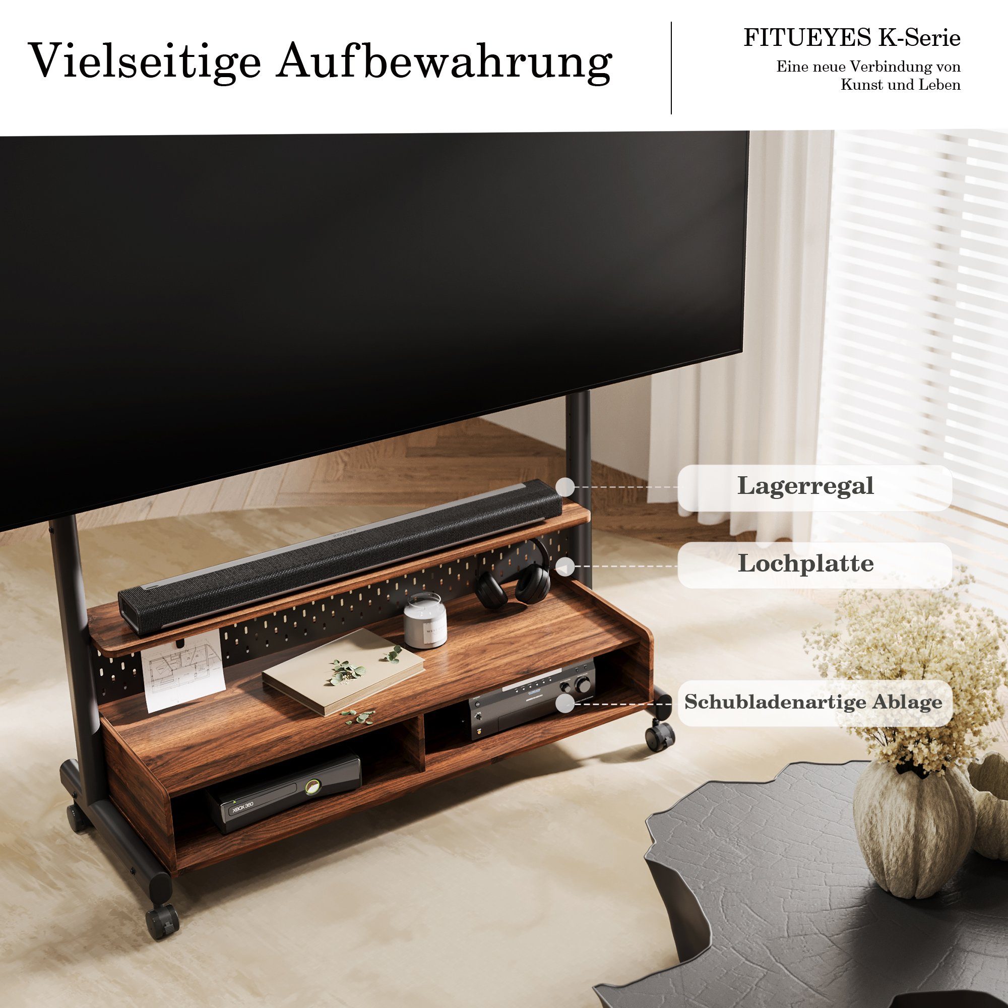 FITUEYES TV-Ständer TV Rollwagen mit Lenkrollen, Ablage, 2 Fächern, Lochplatte, (bis 100,00 Zoll, höhenverstellbare, 70-100 Zoll) – Bild 2 von 5