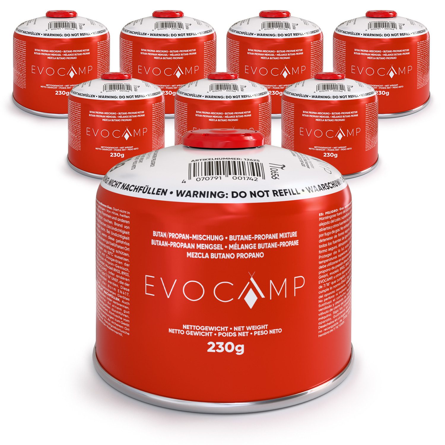 EVOCAMP Gaskartusche 230g mit Schraubventil, 7/16 Gewinde, Butan-Propan-Gas, Zubehör für Weber Grills Q100-1200-Serien, Campingkocher, Gasgrill, 8 St.