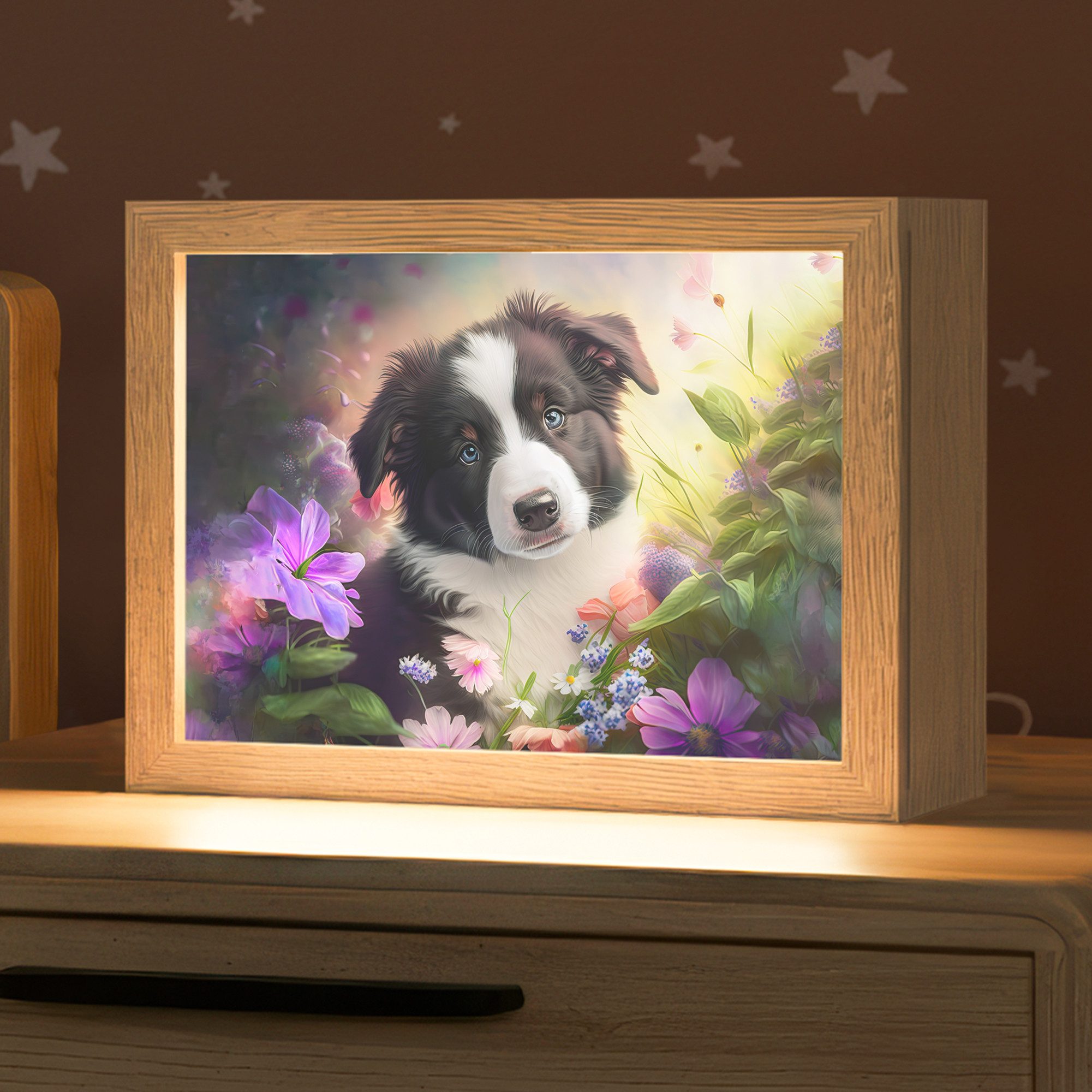 OnlyWow Nachttischlampe Lightbox Welpe - Sonne - Blumen - Natur - Border Collie - Hund - Mädch, Dimmbar, Farbwechsel, LED, Warmweiß, Kaltweiß, Neutralweiß Einstellbar, Nachtlicht, Kinder- und Babyzimmer, Dimmbar, mit Kabel, Tischleuchte