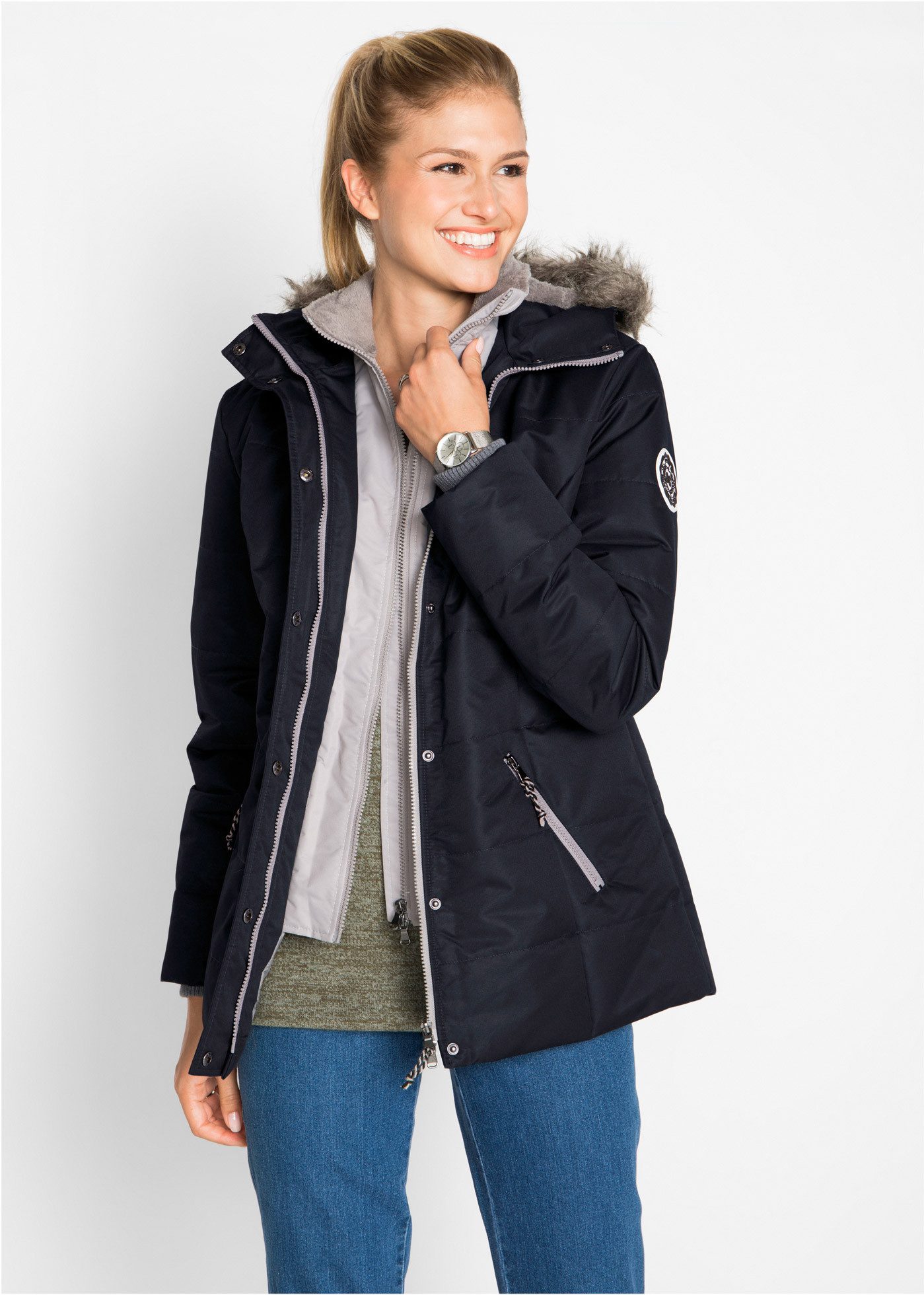 bonprix Winterjacke in 2-in 1 Optik, mit integrietem Fleeceeinsatz und Kapu günstig online kaufen