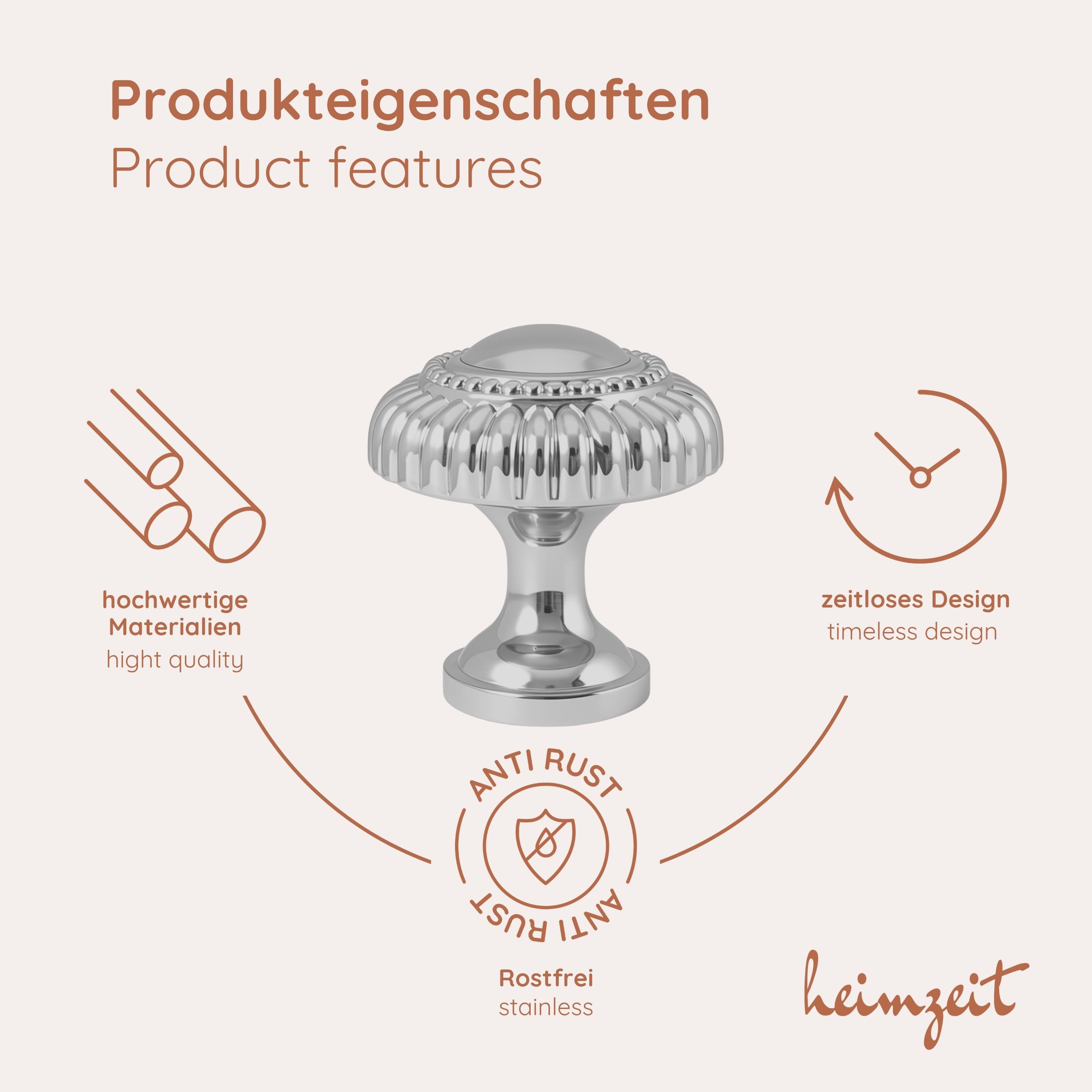 heimzeit Möbelgriff heimzeit Möbelknöpfe Classic - 8 Stück (Set), für Schubladen, Türen und Kommoden, inkl. Schraube