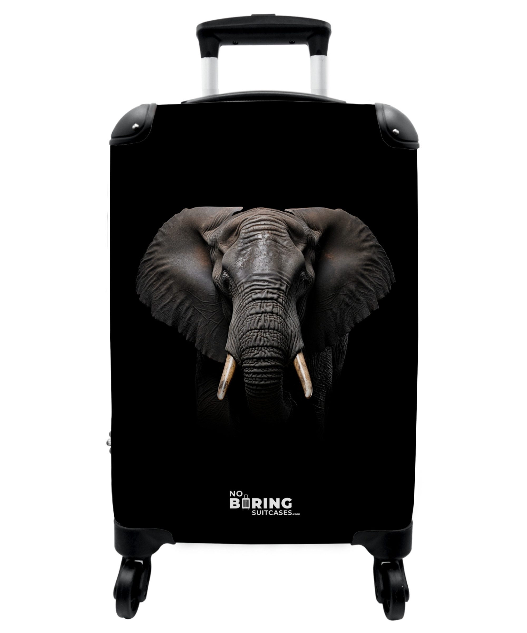 NoBoringSuitcases.com© Hartschalen-Trolley Elefant Vorderansicht auf schwarzem Hintergrund 55x35x20cm, Reisetasche mit Rollen, Koffer Handgepäck Flugzeug