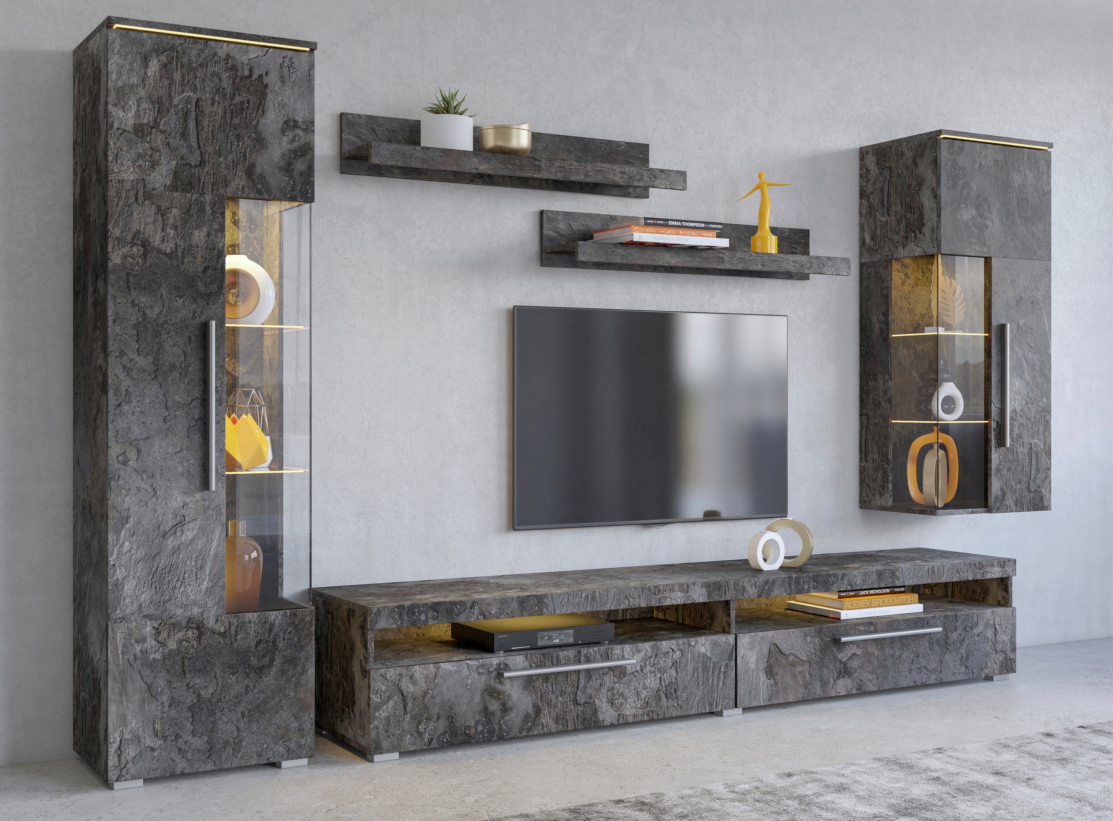 OTTO home Wohnwand India,Breite 245cm moderne Mediawand ohne Beleuchtung, Anbauwand (Set,5-St, 1xVitrine,1xHängevitrine,1TV-Schrank,2xWandregal)