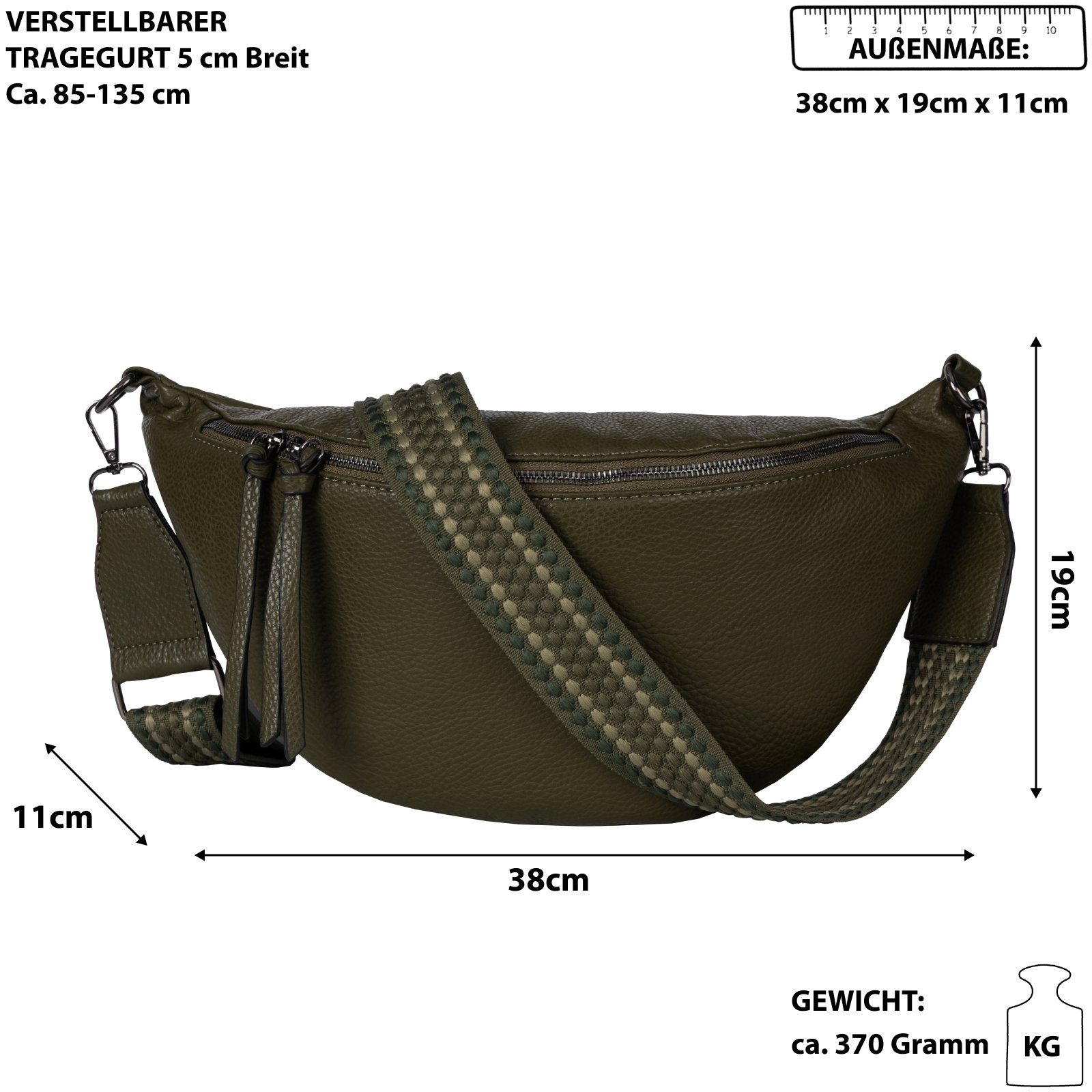 CrossOver, Gürteltasche Kunstleder EAAKIE Bauchtasche als Crossbody-Bag Umhängetasche DARK GREEN Umhängetasche Schultertasche, Hüfttasche Italy-D, tragbar