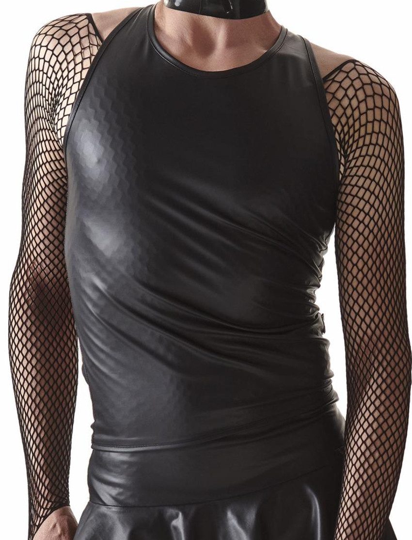 Muscleshirt Herren T-Shirt schwarz dehnbar Crossdresser Fetish Top mit Metallringe