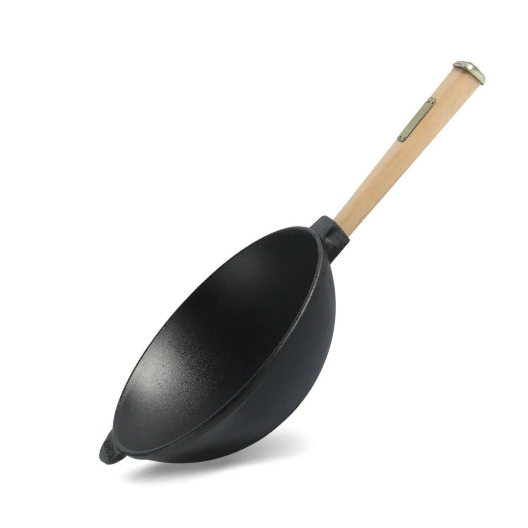 4BIG.fun Wok Wokpfanne 2,8 L Gusseisen Wok Schmortopf 26 cm, Gusseisen (Asia Wok - Grillpfanne), Holzgriff abschraubbar, Induktionsgeeignet