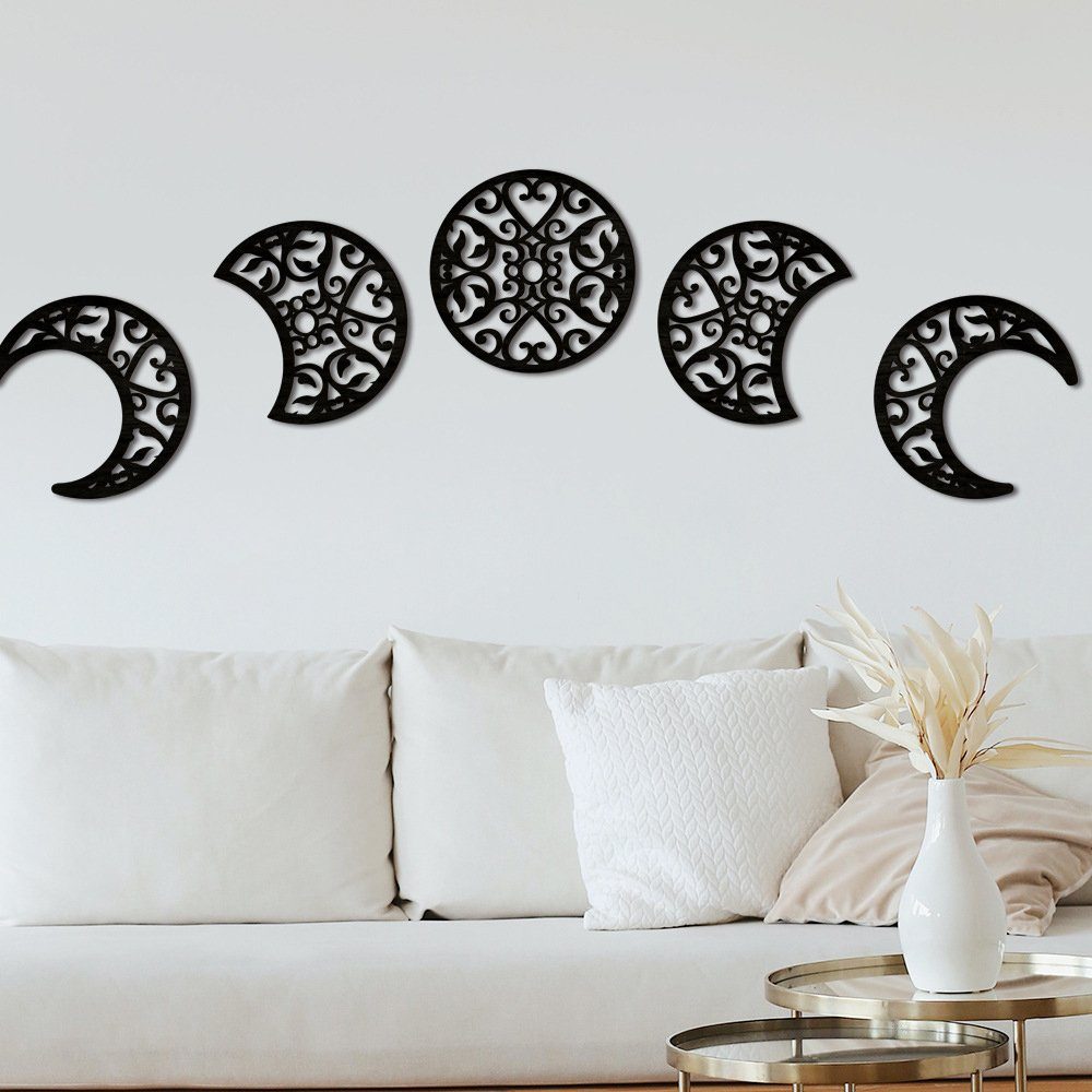 NUODWELL Wanddekoobjekt 5 Stück Mond wanddeko,Boho wanddeko Holz modern,Wall Decoration Schwarz