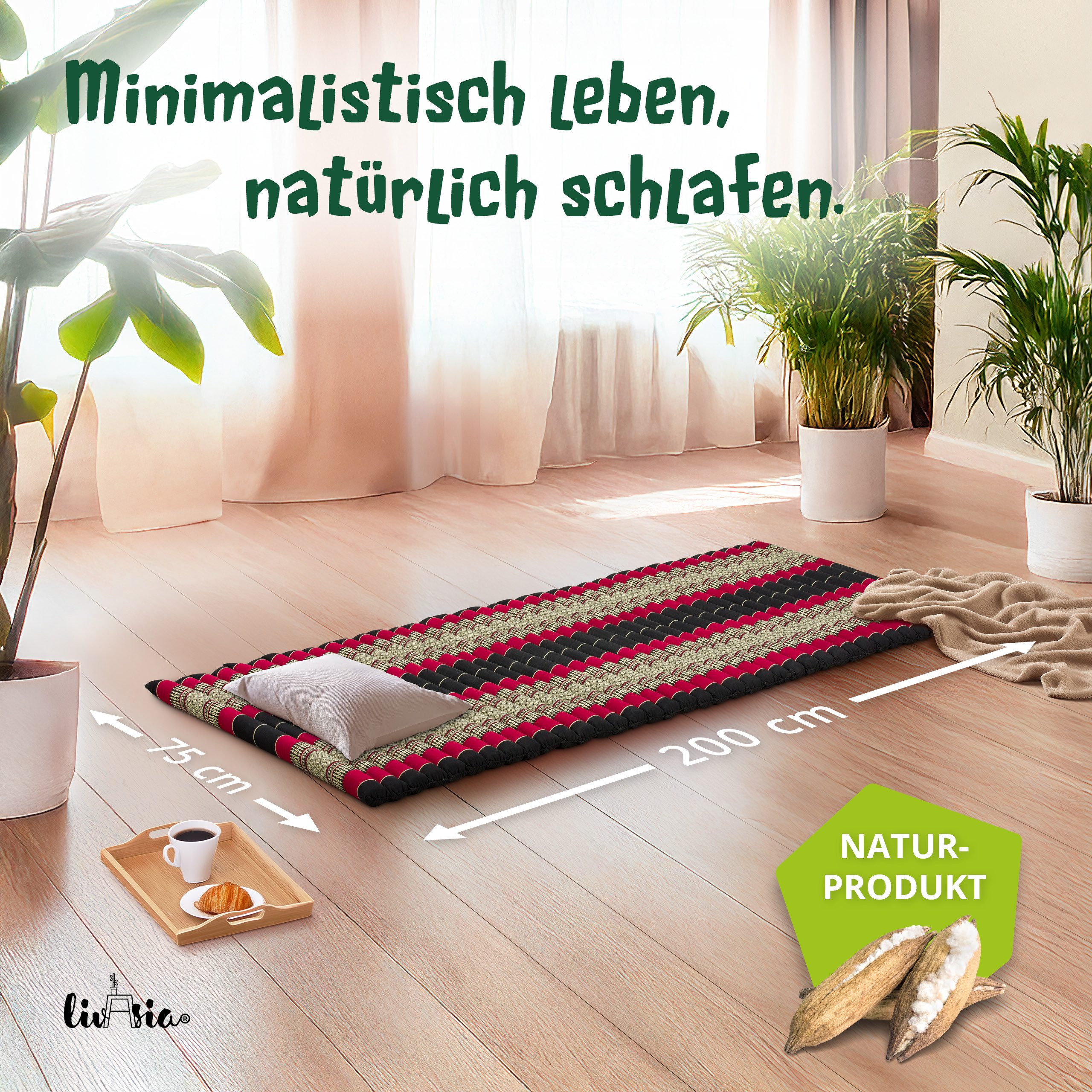 Reisebett-Matratzen Rollmatte 75 cm breit, vegan und handgefertigt, 200x75x4,5cm, livasia, 4.5 cm hoch, Kapok