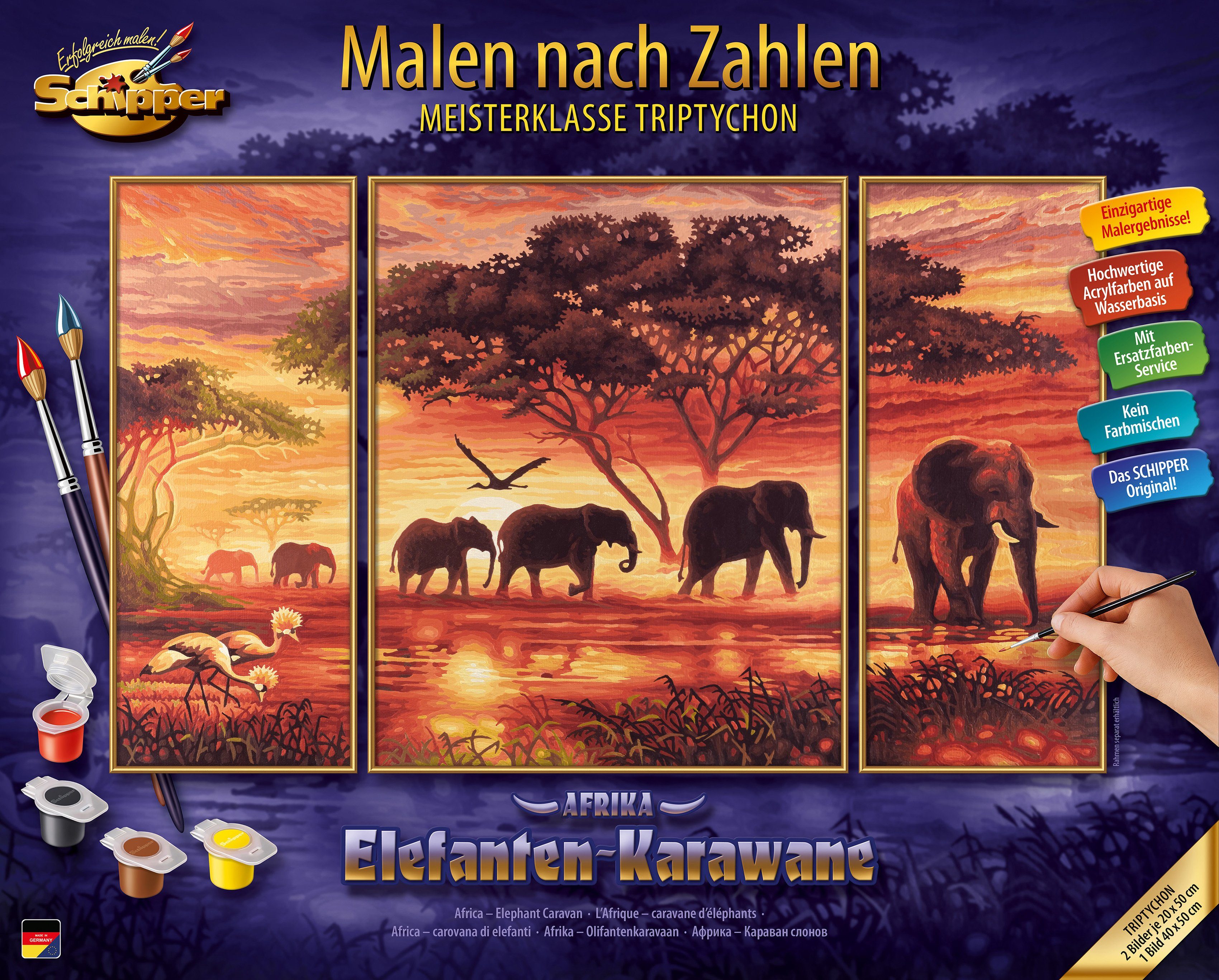 Schipper Malen nach Zahlen Meisterklasse Triptychon - Elefanten Karawane,  Made in Germany