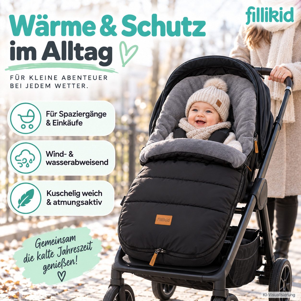 Fillikid Fußsack Winterfußsack Kinley Exklusiv, warmer Winterfußsack waschbar mit Rundum Reißverschluss und – Bild 2 von 5