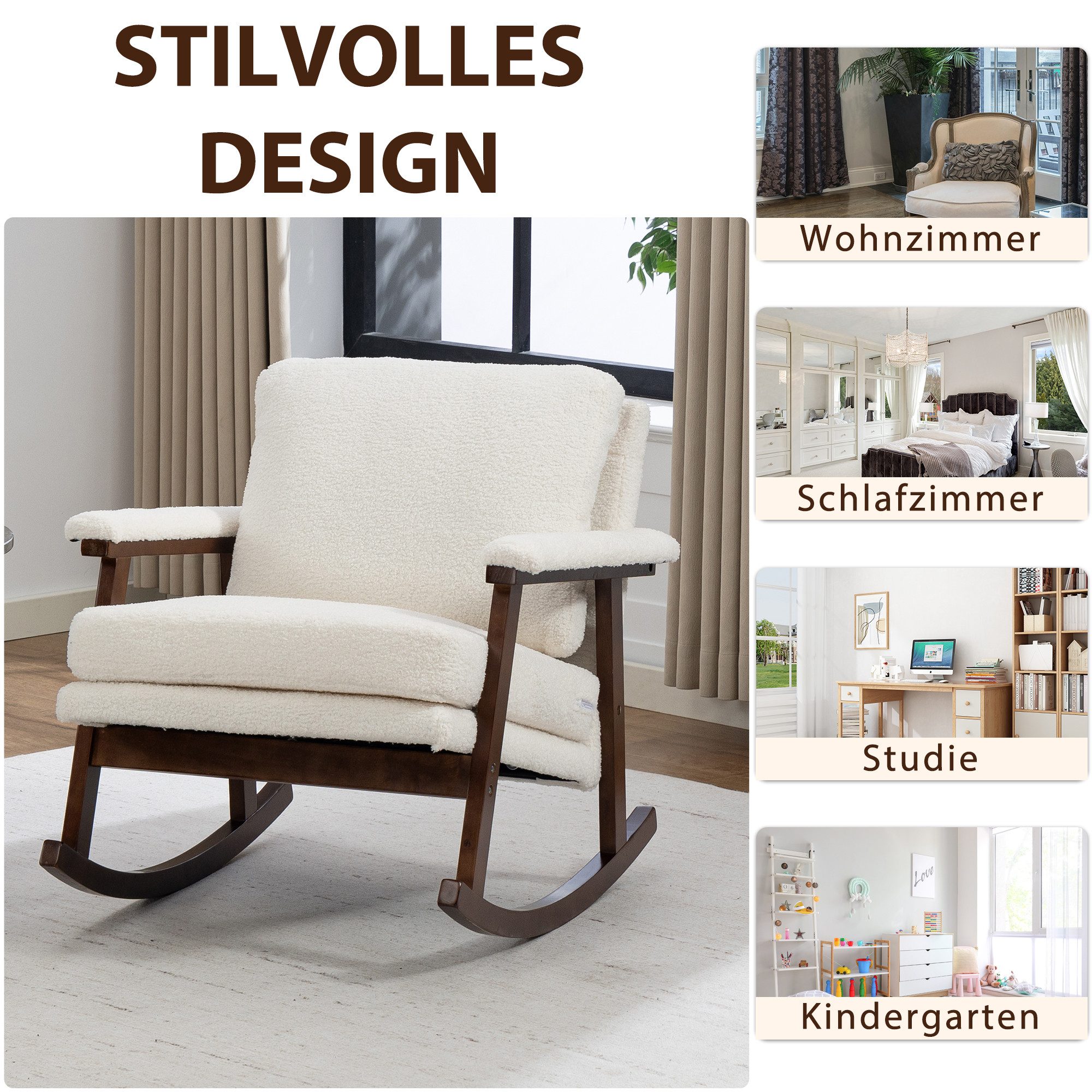 KLAM HOME Schaukelstuhl Mid-Century Schaukelstuhl mit Holzgestell und edlem Samtbezug (Komfortabler gepolsterter Lesesessel für Wohn- und Schlafzimmer), Stilvol – Bild 5 von 5