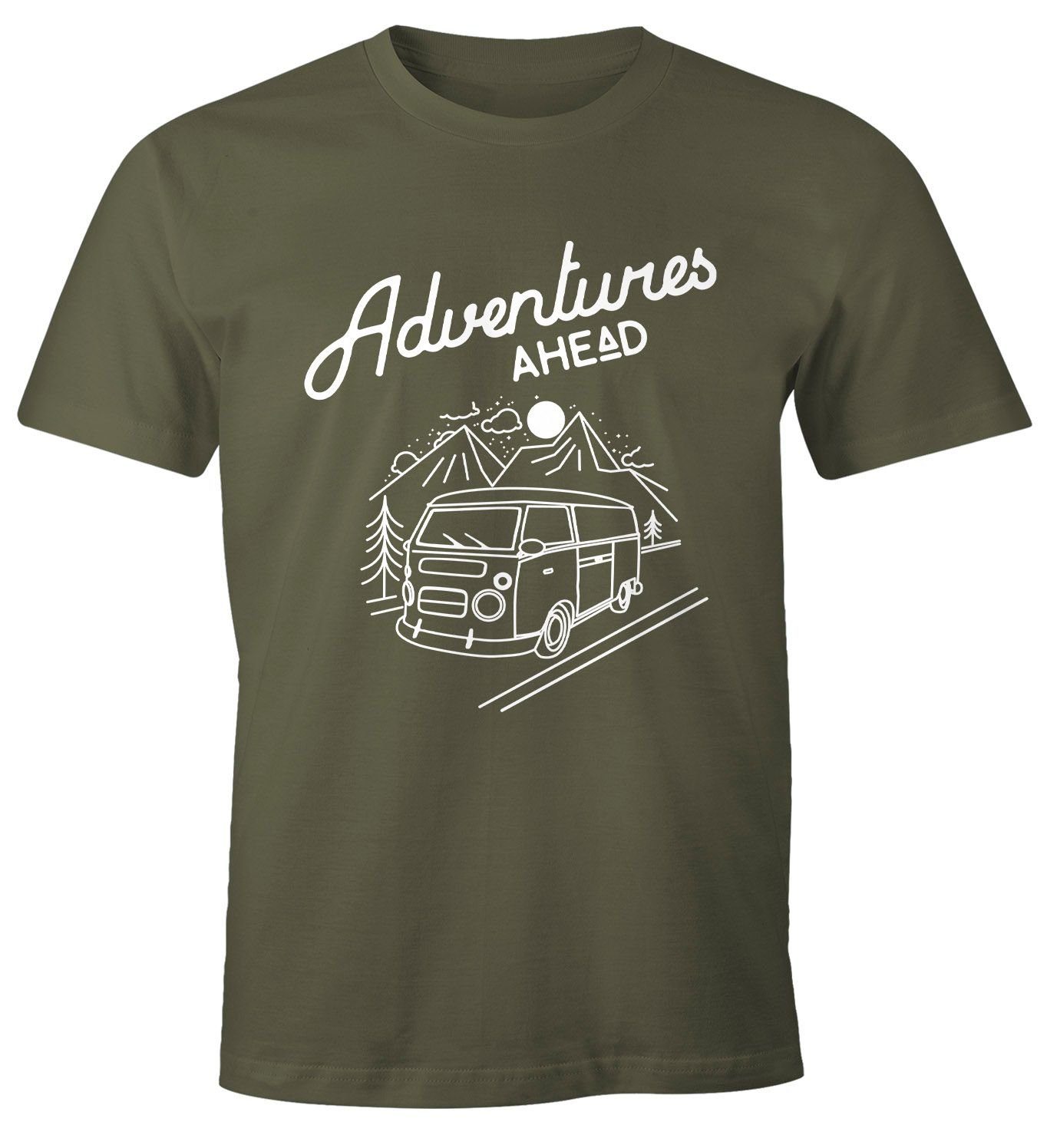T-Shirt Herren Print-Shirt Abenteuer Moonworks® Retro Bus Ahead grün mit Print MoonWorks Adventures