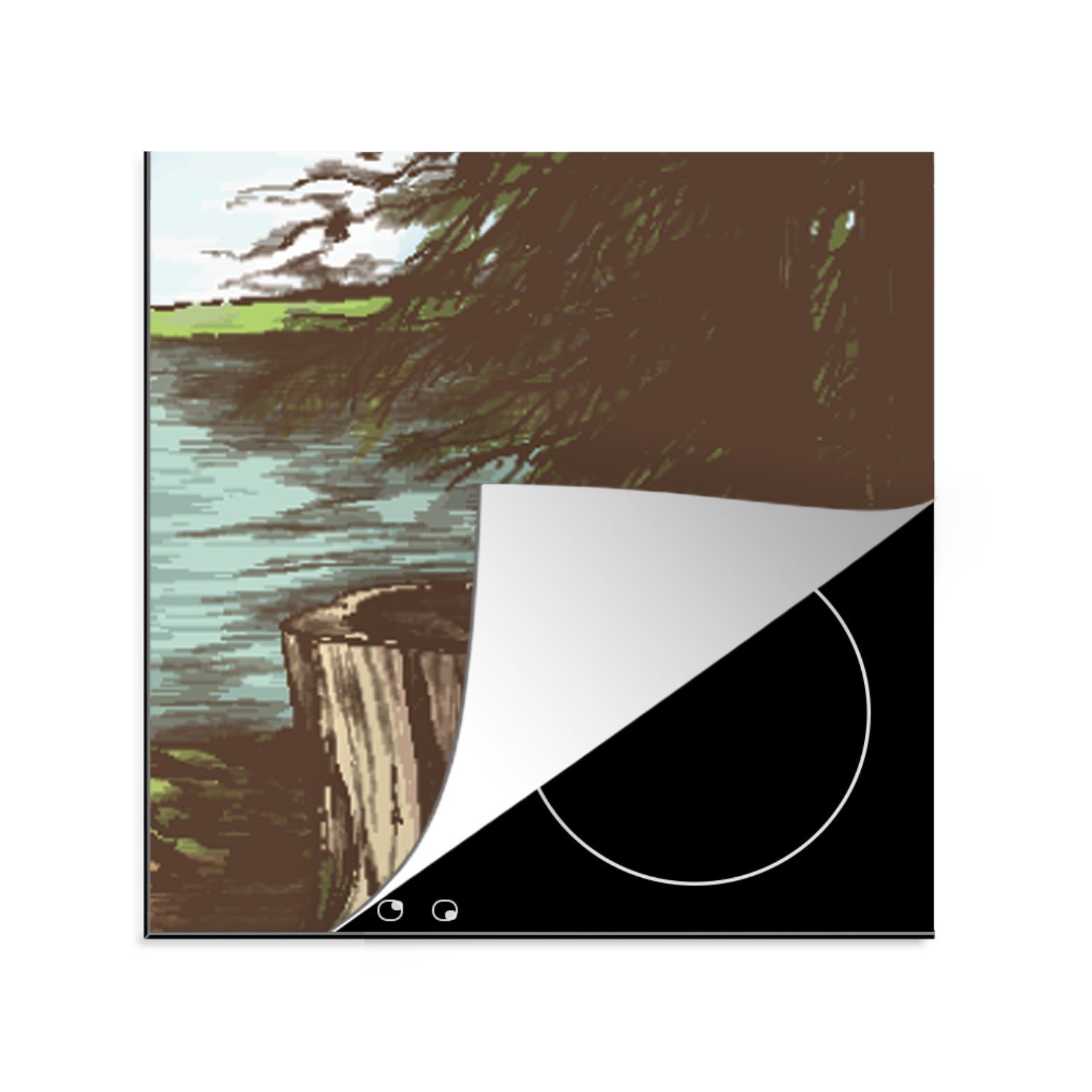 MuchoWow Herdblende-/Abdeckplatte Baum - Meer - Illustration, Vinyl, (1 tlg), 78x78 cm, Ceranfeldabdeckung, Arbeitsplatte für küche