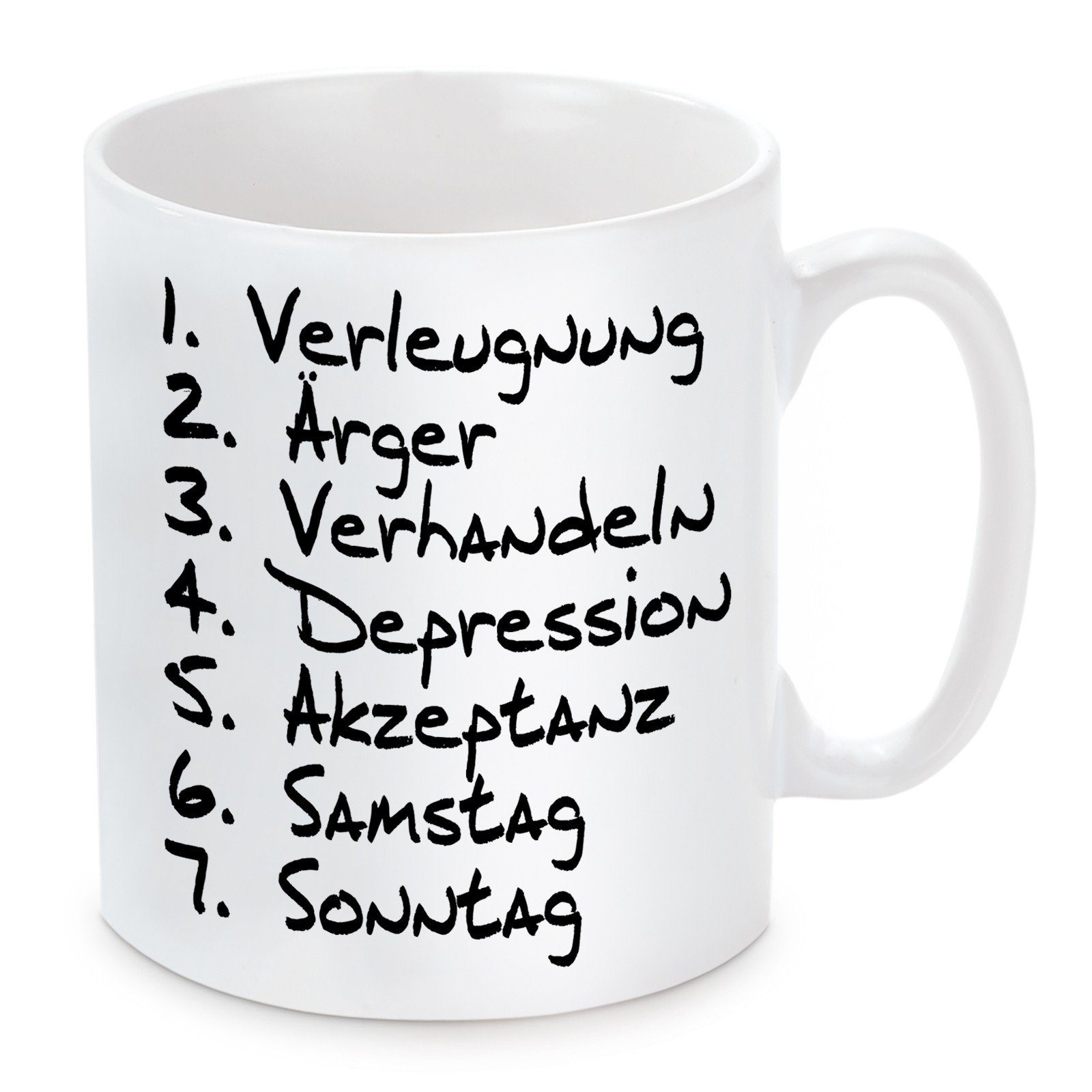 Herzbotschaft Tasse Kaffeebecher mit Motiv 1. Verleugnung 2. Ärger 3. Verhandeln, Keramik, Kaffeetasse spülmaschinenfest und mikrowellengeeignet